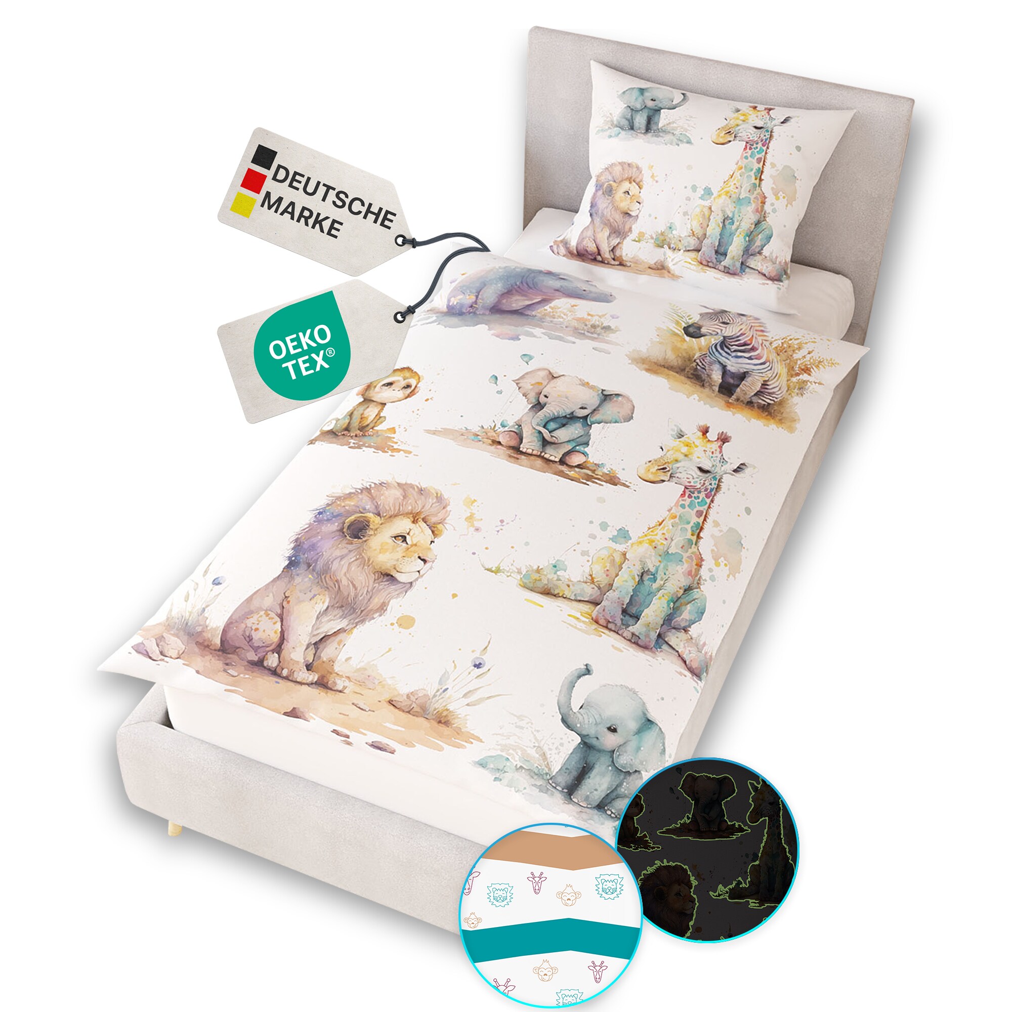 NYVI Renforce Kinderbettw&auml;sche Glow in the Dark aus 100% Baumwolle - Vorderseite leuchtend, mit Wendemuster, Rei&szlig;verschluss, OEKO-TEX 100 Gr&ouml;&szlig;e:135x200 cm;Farbe:Tierkinder 