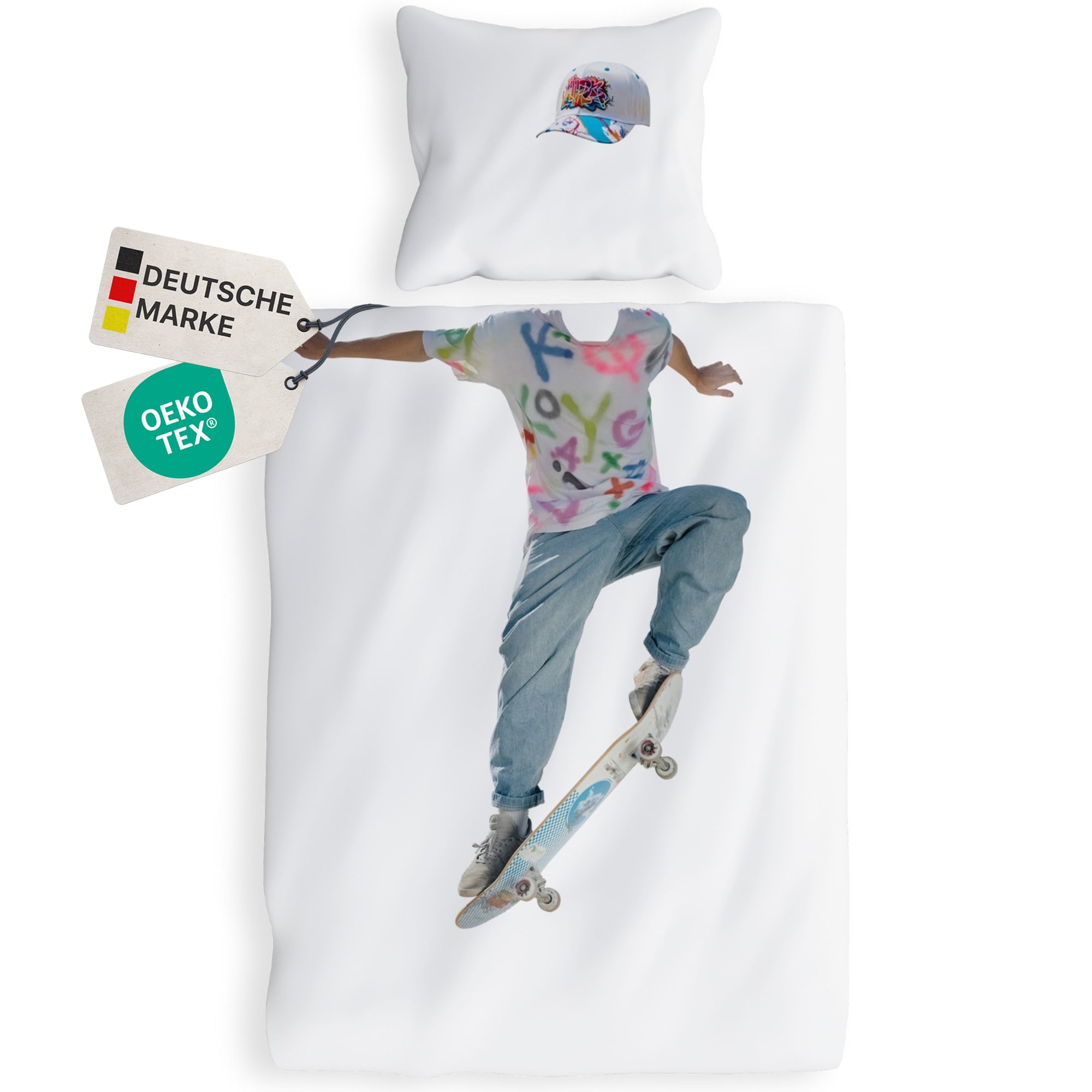 NYVI Renforce Kinderbettw&auml;sche Deluxe aus 100% Baumwolle magischer Druck - Kindergesicht erg&auml;nzt Muster, Rei&szlig;verschluss Gr&ouml;&szlig;e:135x200 cm;Farbe:Skater 