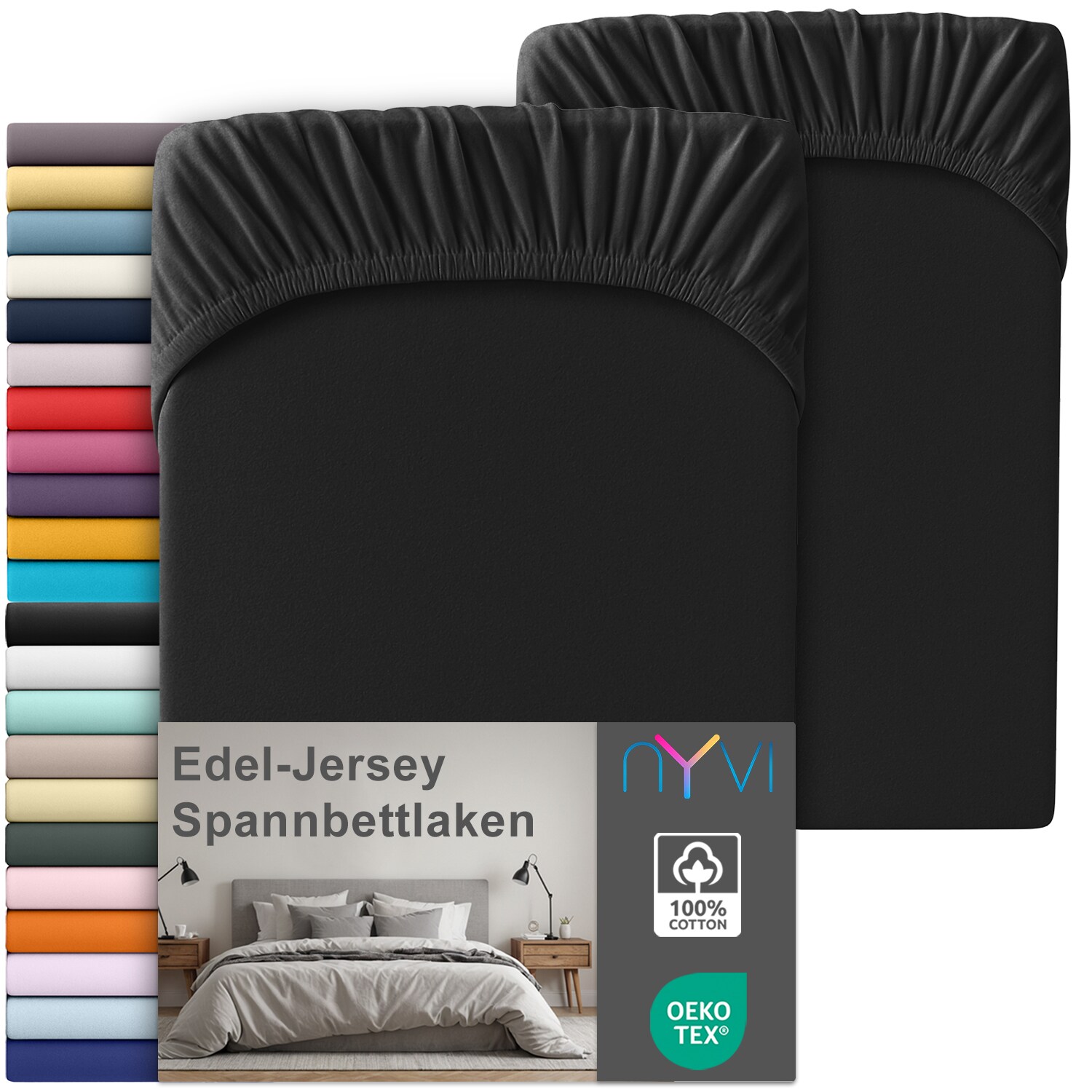 NYVI Edel Jersey Spannbettlaken Deluxe f&uuml;r Matratzen bis 25 cm Stegh&ouml;he - 100% Baumwolle supergek&auml;mmt, 140g/m&sup2;, Rundumgummizug Farbe:Schwarz;Gr&ouml;&szlig;e:90-100 x 200 cm (2er Set) 