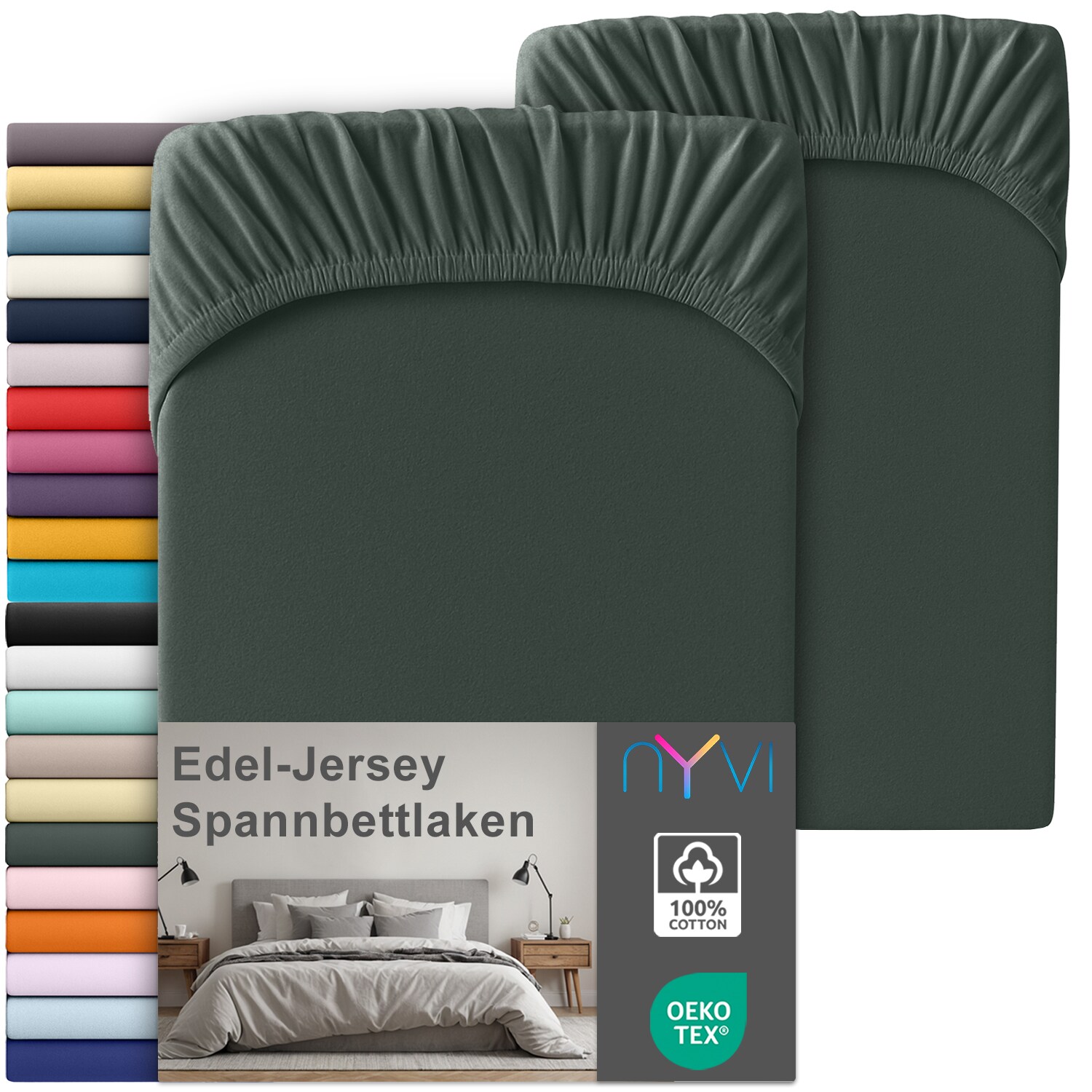 NYVI Edel Jersey Spannbettlaken Deluxe f&uuml;r Matratzen bis 25 cm Stegh&ouml;he - 100% Baumwolle supergek&auml;mmt, 140g/m&sup2;, Rundumgummizug Farbe:Anthrazit;Gr&ouml;&szlig;e:90-100 x 200 cm (2er Set) 