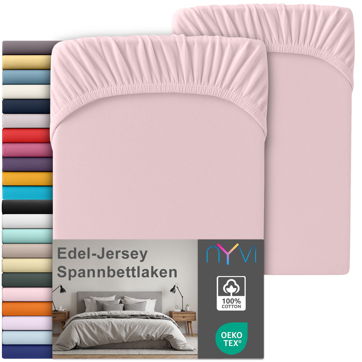 NYVI Edel Jersey Spannbettlaken Deluxe f&uuml;r Matratzen bis 25 cm Stegh&ouml;he - 100% Baumwolle supergek&auml;mmt, 140g/m&sup2;, Rundumgummizug Farbe:Rosa;Gr&ouml;&szlig;e:180-200 x 200 cm (2er Set) 