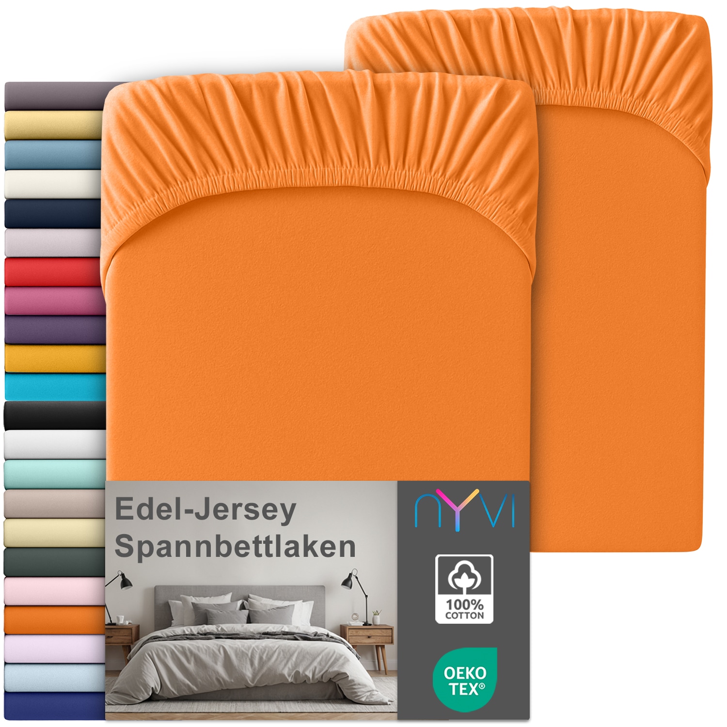 NYVI Edel Jersey Spannbettlaken Deluxe f&uuml;r Matratzen bis 25 cm Stegh&ouml;he - 100% Baumwolle supergek&auml;mmt, 140g/m&sup2;, Rundumgummizug Farbe:Orange;Gr&ouml;&szlig;e:90-100 x 200 cm (2er Set) 