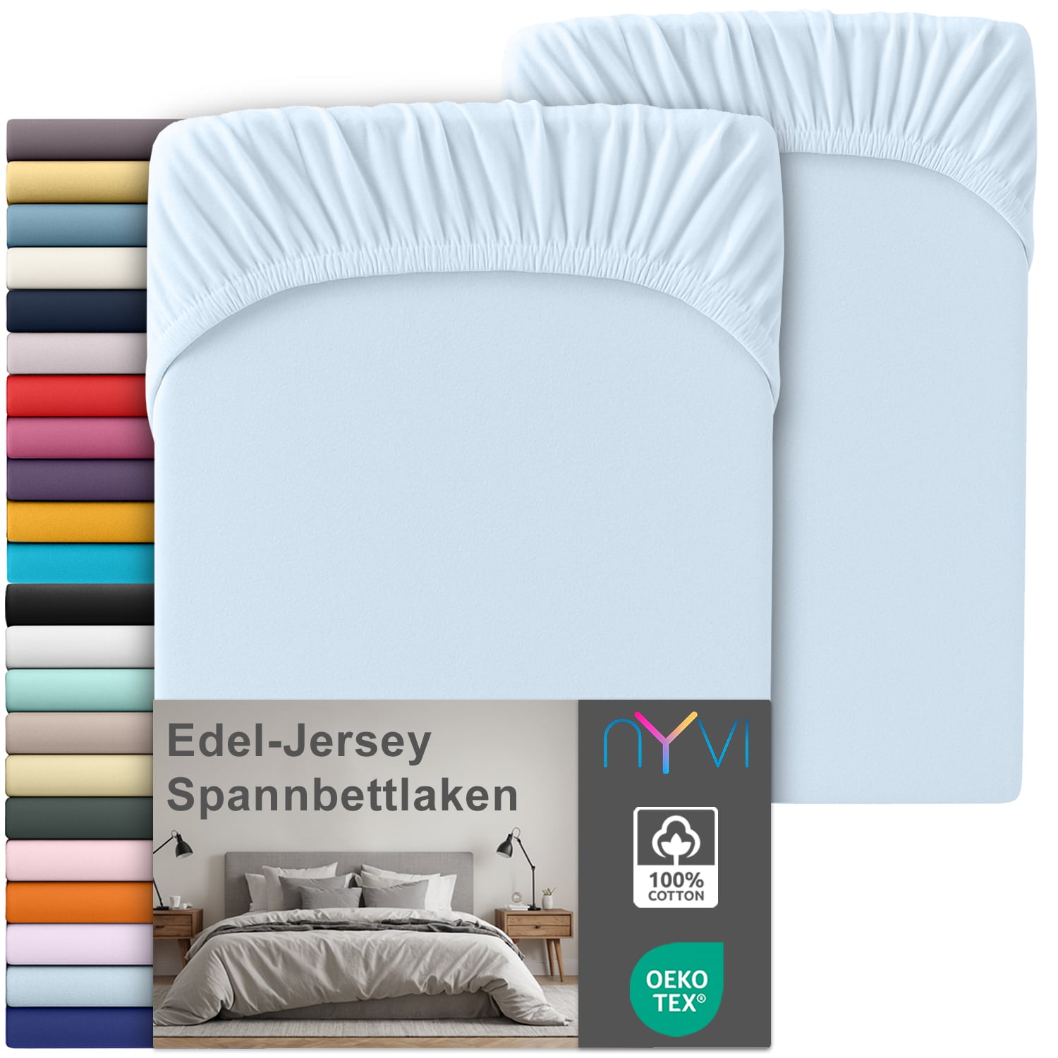 NYVI Edel Jersey Spannbettlaken Deluxe f&uuml;r Matratzen bis 25 cm Stegh&ouml;he - 100% Baumwolle supergek&auml;mmt, 140g/m&sup2;, Rundumgummizug Farbe:Hellblau;Gr&ouml;&szlig;e:180-200 x 200 cm (2er Set) 