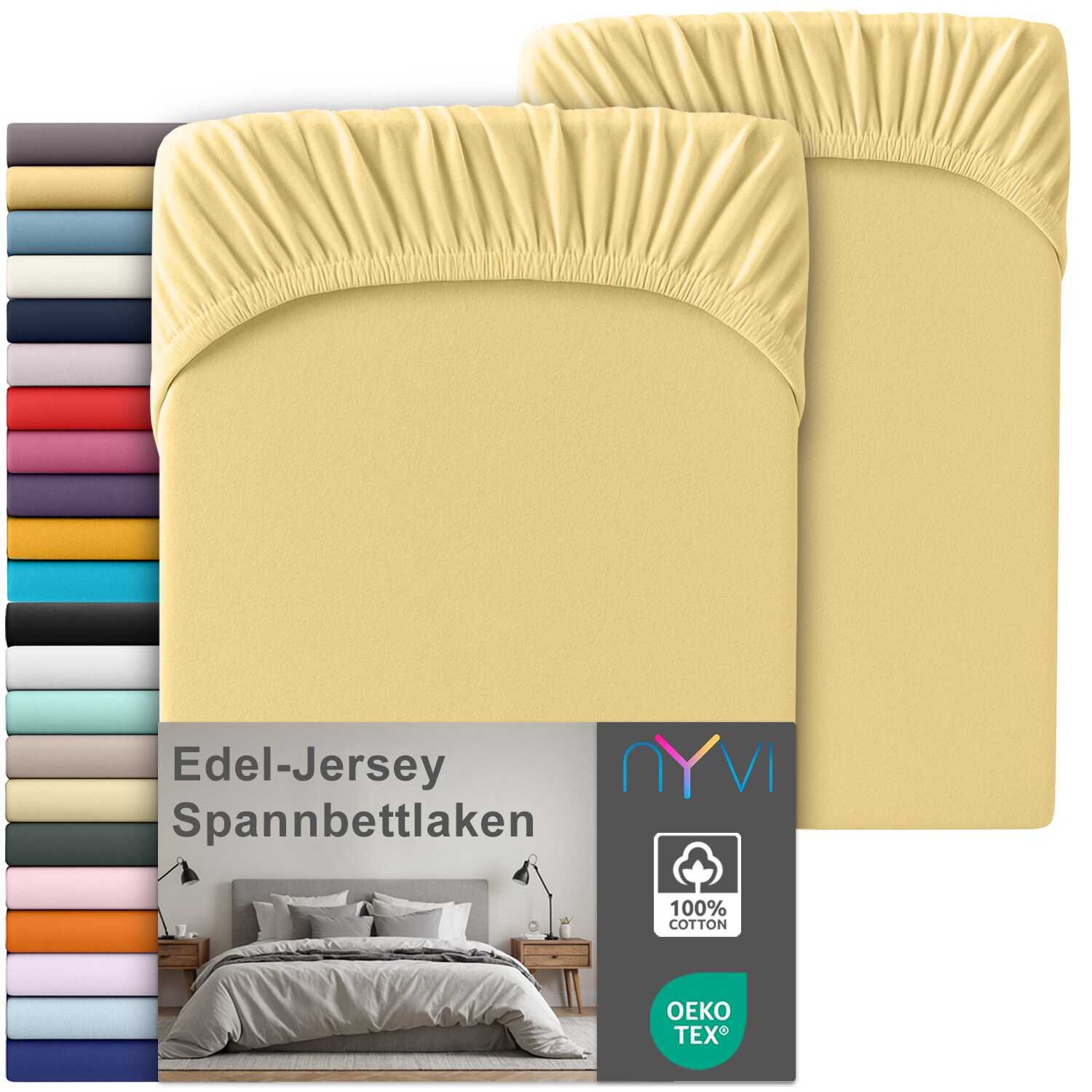 NYVI Edel Jersey Spannbettlaken Deluxe f&uuml;r Matratzen bis 25 cm Stegh&ouml;he - 100% Baumwolle supergek&auml;mmt, 140g/m&sup2;, Rundumgummizug Farbe:Gelb;Gr&ouml;&szlig;e:180-200 x 200 cm (2er Set) 