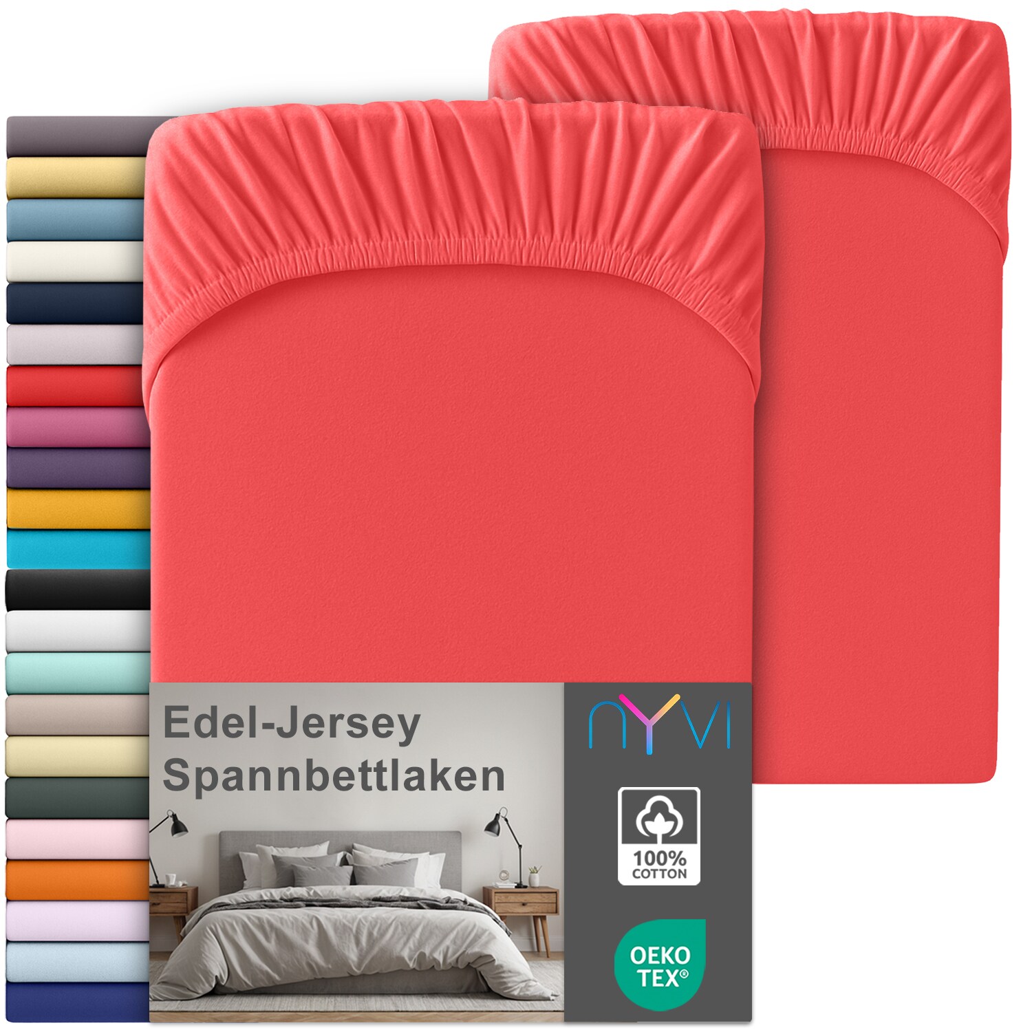 NYVI Edel Jersey Spannbettlaken Deluxe f&uuml;r Matratzen bis 25 cm Stegh&ouml;he - 100% Baumwolle supergek&auml;mmt, 140g/m&sup2;, Rundumgummizug Farbe:Rot;Gr&ouml;&szlig;e:180-200 x 200 cm (2er Set) 
