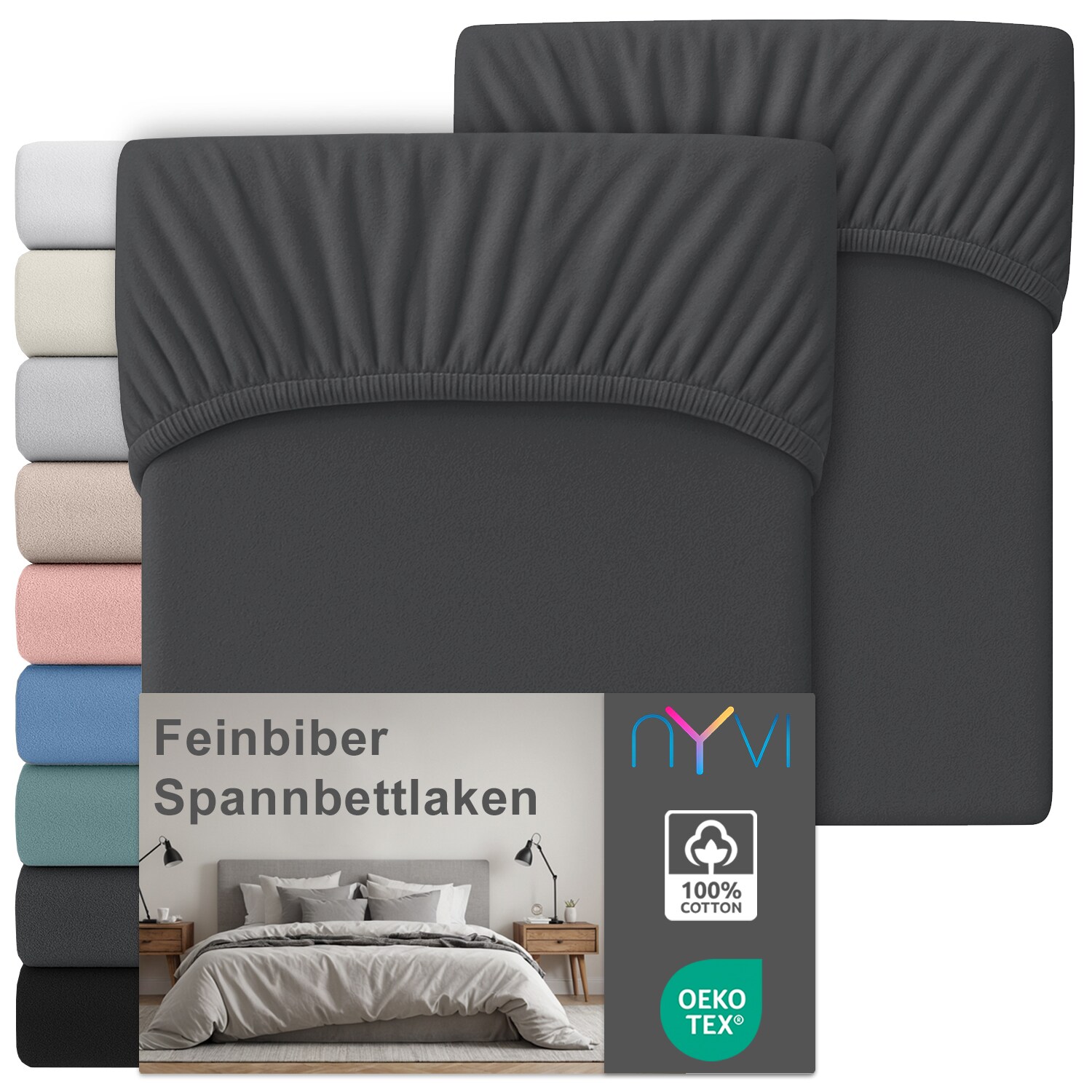 NYVI Feinbiber Spannbettlaken Deluxe f&uuml;r Matratzen bis 25 cm Stegh&ouml;he - Extra Warm & Weich, 100% Baumwolle, B&uuml;gelfrei, Vorgekrumpft Farbe:Anthrazit;Gr&ouml;&szlig;e:90x200 cm (2er Set) 
