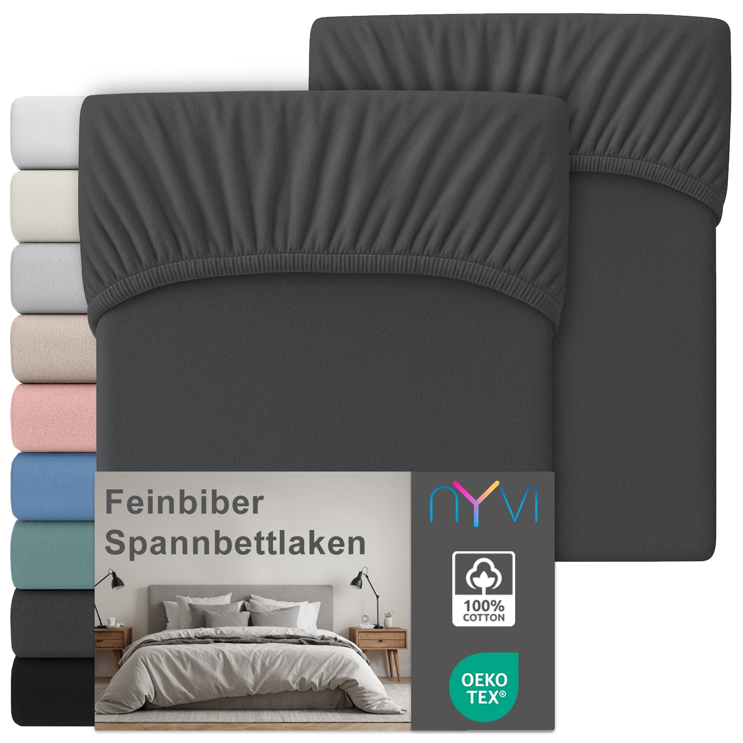 NYVI Feinbiber Spannbettlaken Deluxe f&uuml;r Matratzen bis 25 cm Stegh&ouml;he - Extra Warm & Weich, 100% Baumwolle, B&uuml;gelfrei, Vorgekrumpft Farbe:Anthrazit;Gr&ouml;&szlig;e:180x200 cm (2er Set) 