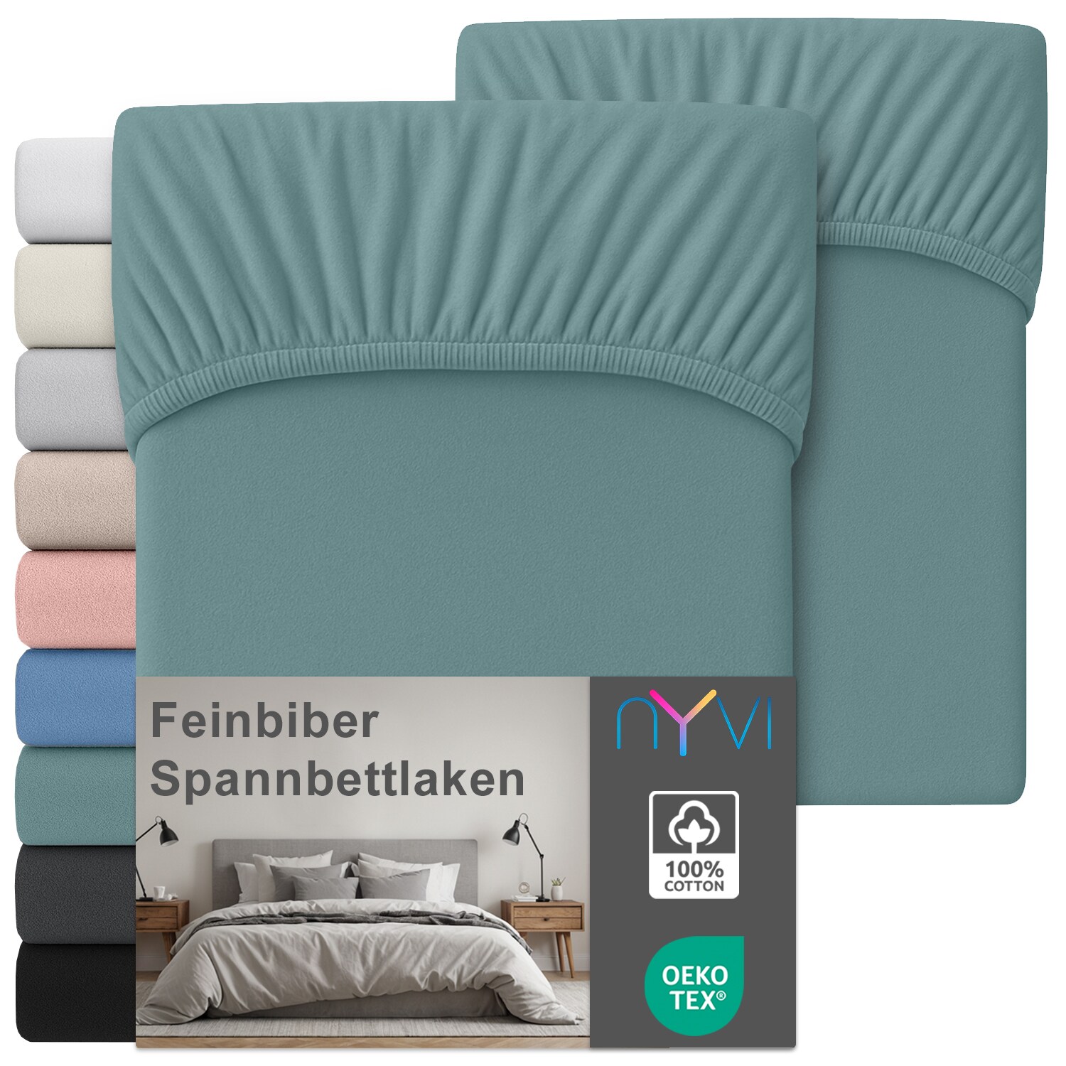 NYVI Feinbiber Spannbettlaken Deluxe f&uuml;r Matratzen bis 25 cm Stegh&ouml;he - Extra Warm & Weich, 100% Baumwolle, B&uuml;gelfrei, Vorgekrumpft Farbe:Lindgr&uuml;n;Gr&ouml;&szlig;e:180x200 cm (2er Set) 