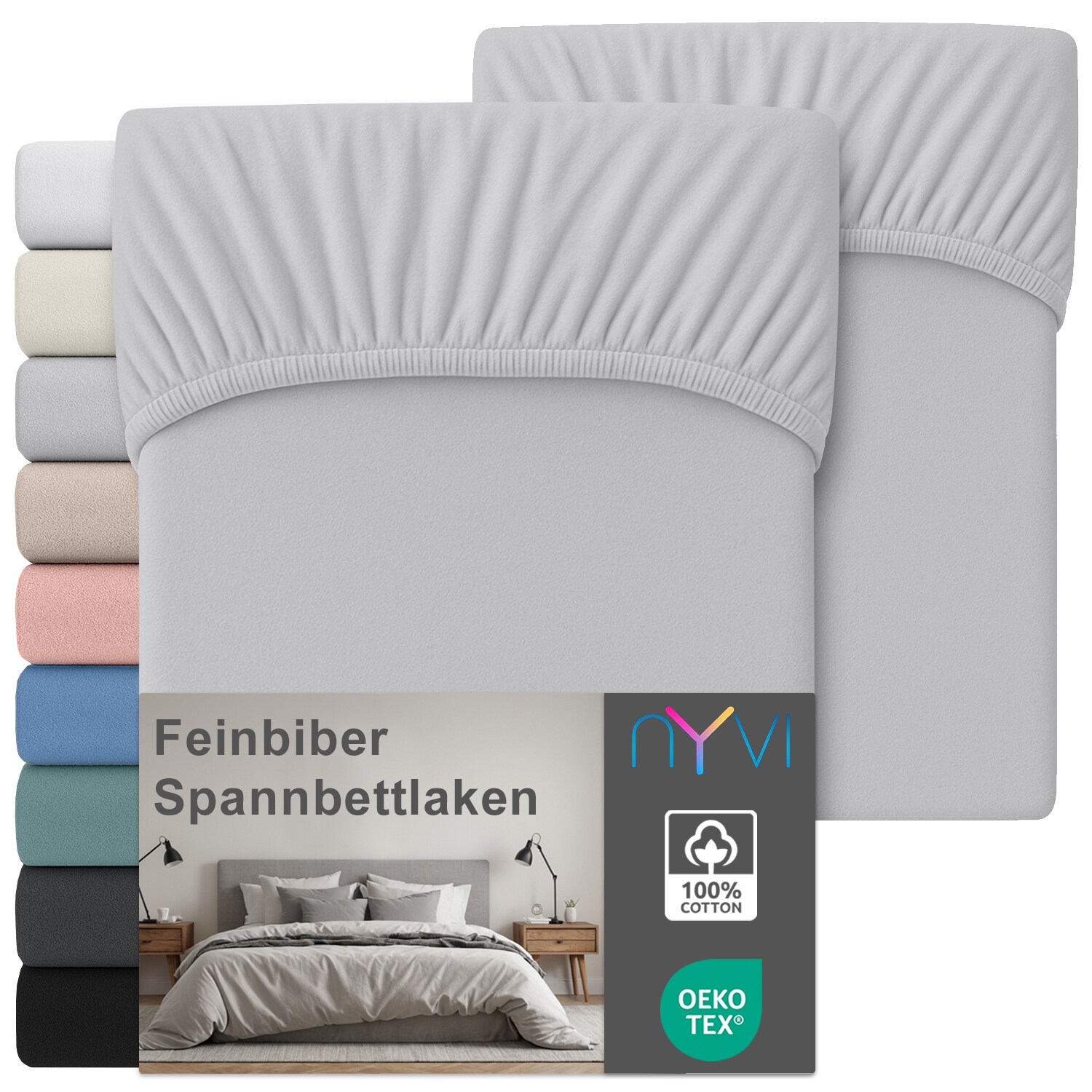 NYVI Feinbiber Spannbettlaken Deluxe f&uuml;r Matratzen bis 25 cm Stegh&ouml;he - Extra Warm & Weich, 100% Baumwolle, B&uuml;gelfrei, Vorgekrumpft Farbe:Silber;Gr&ouml;&szlig;e:180x200 cm (2er Set) 