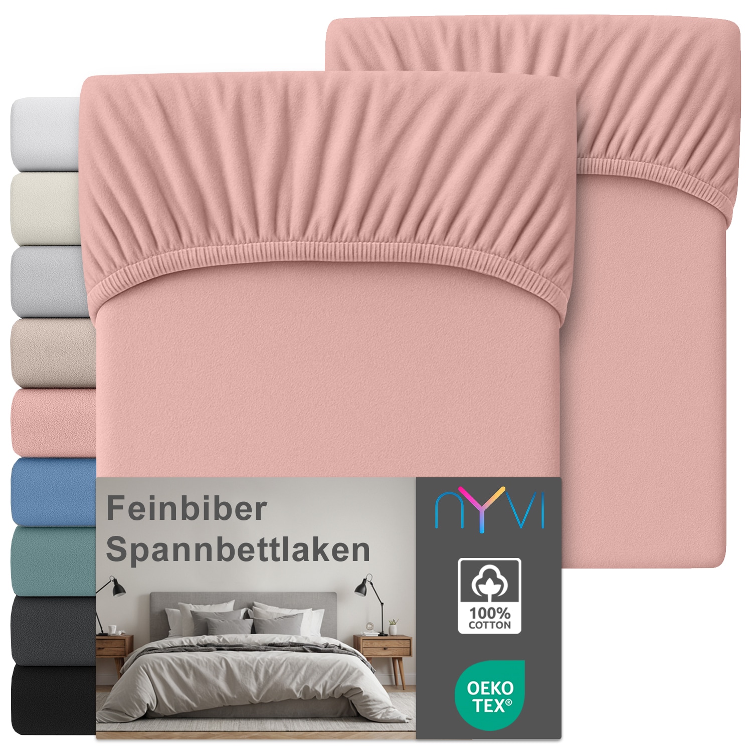 NYVI Feinbiber Spannbettlaken Deluxe f&uuml;r Matratzen bis 25 cm Stegh&ouml;he - Extra Warm & Weich, 100% Baumwolle, B&uuml;gelfrei, Vorgekrumpft Farbe:Altrosa;Gr&ouml;&szlig;e:180x200 cm (2er Set) 