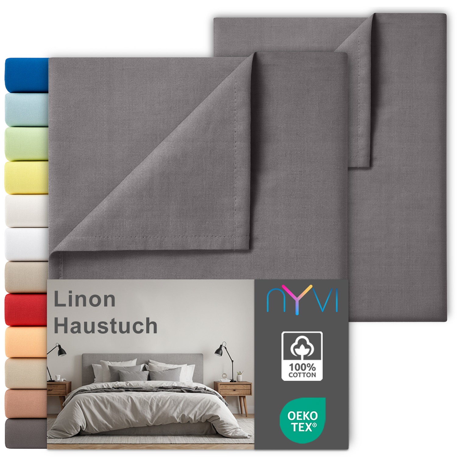 NYVI Linon Deluxe Bettlaken ohne Gummizug aus 100% atmungsaktiver Baumwolle - Betttuch auch als Sommerdecke nutzbar Farbe:Anthrazit;Gr&ouml;&szlig;e:150x250 cm (2er Set) 