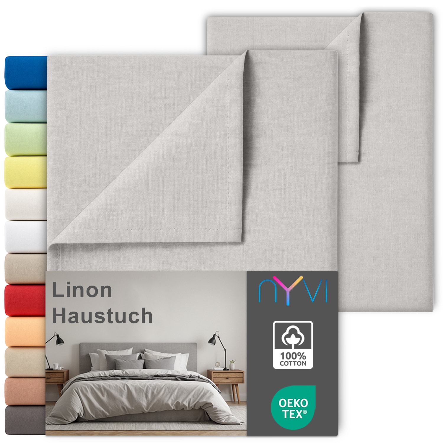 NYVI Linon Deluxe Bettlaken ohne Gummizug aus 100% atmungsaktiver Baumwolle - Betttuch auch als Sommerdecke nutzbar Farbe:Silber;Gr&ouml;&szlig;e:240x260 cm (2er Set) 