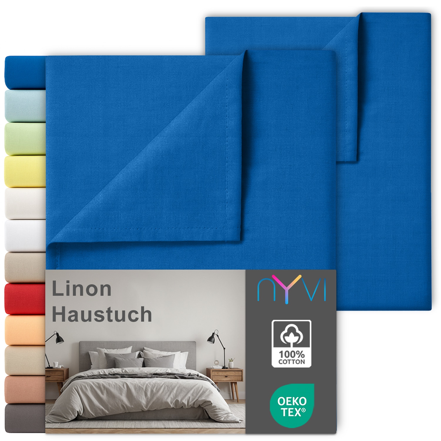 NYVI Linon Deluxe Bettlaken ohne Gummizug aus 100% atmungsaktiver Baumwolle - Betttuch auch als Sommerdecke nutzbar Farbe:Royalblau;Gr&ouml;&szlig;e:150x250 cm (2er Set) 