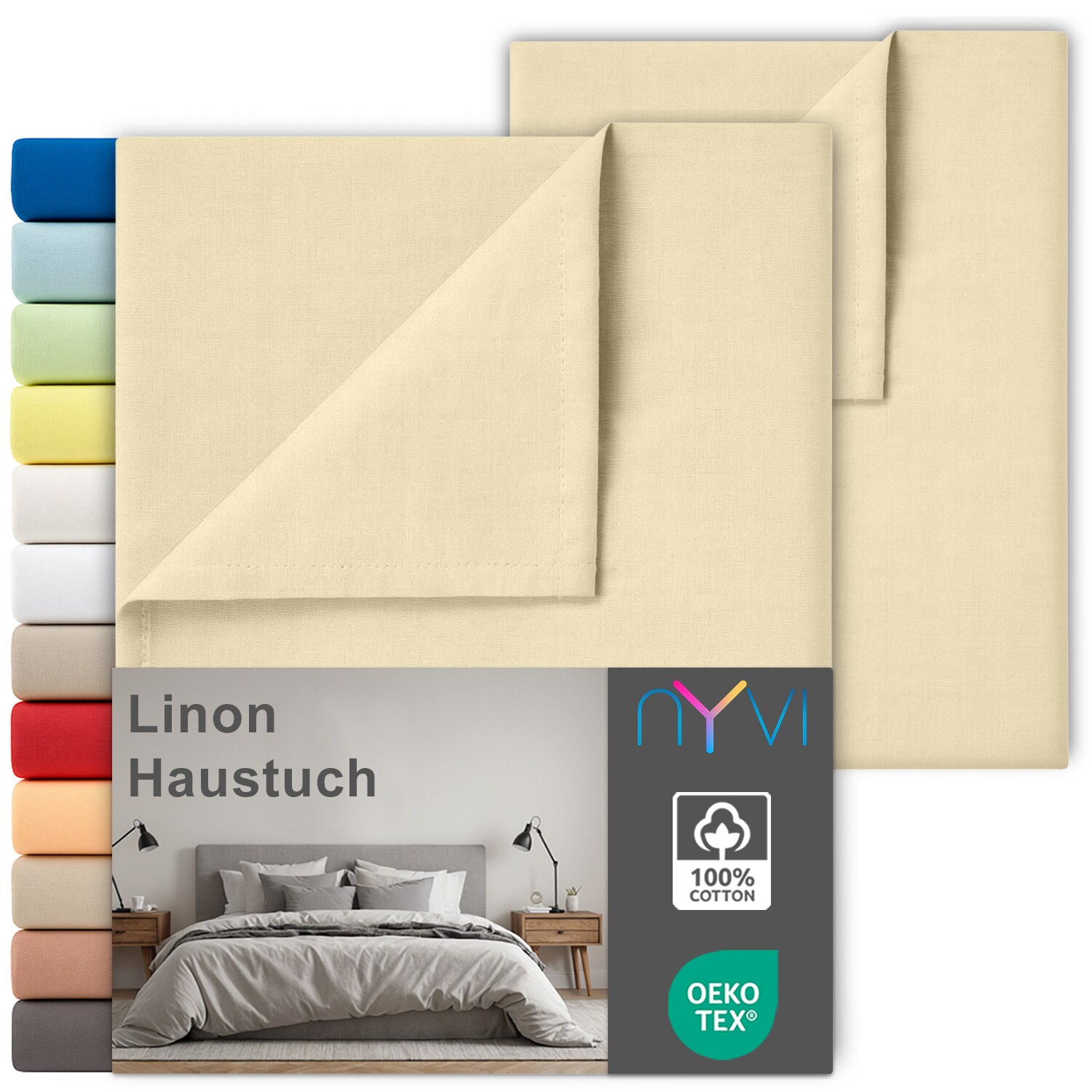 NYVI Linon Deluxe Bettlaken ohne Gummizug aus 100% atmungsaktiver Baumwolle - Betttuch auch als Sommerdecke nutzbar Farbe:Creme;Gr&ouml;&szlig;e:150x250 cm (2er Set) 