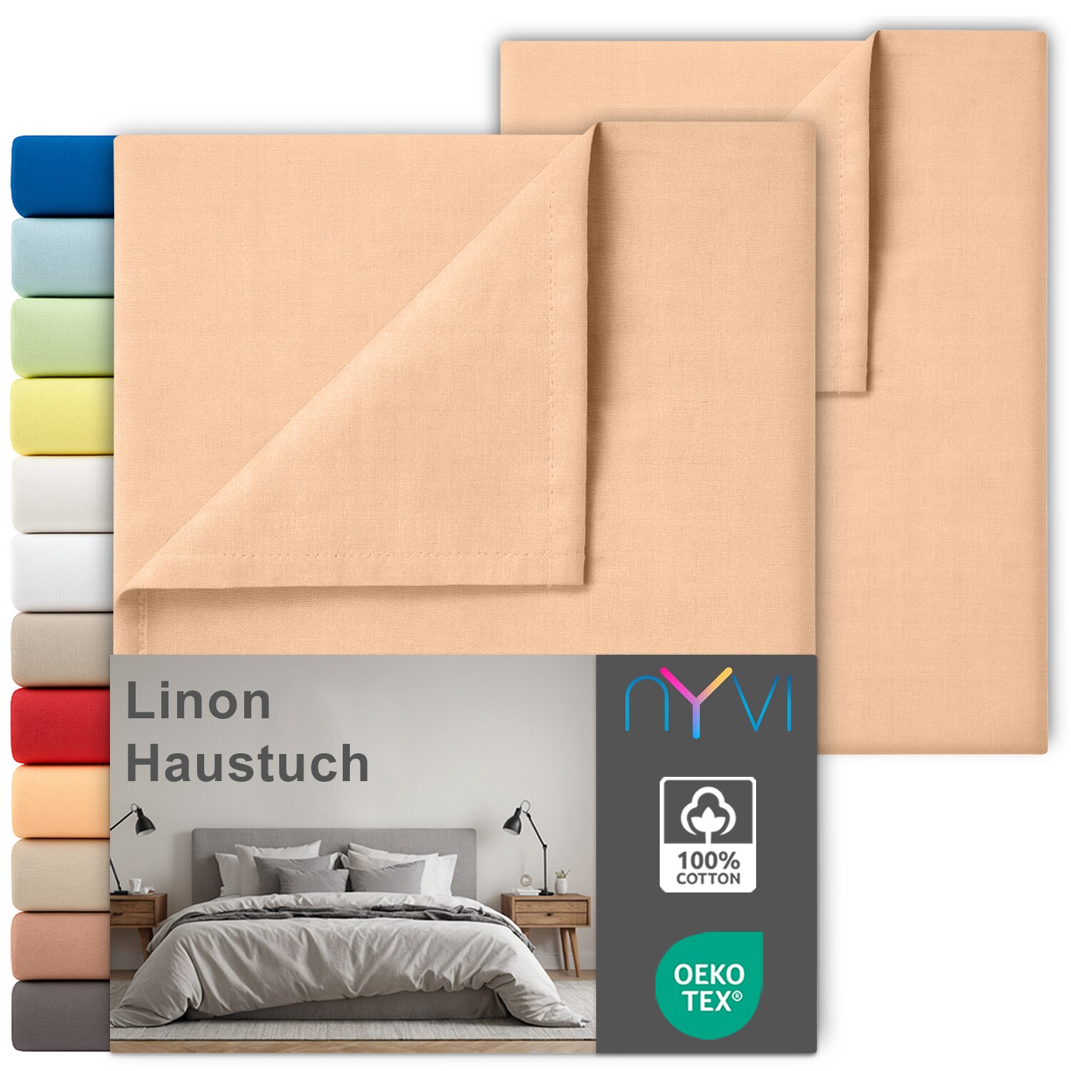 NYVI Linon Deluxe Bettlaken ohne Gummizug aus 100% atmungsaktiver Baumwolle - Betttuch auch als Sommerdecke nutzbar Farbe:Apricot;Gr&ouml;&szlig;e:150x250 cm (2er Set) 