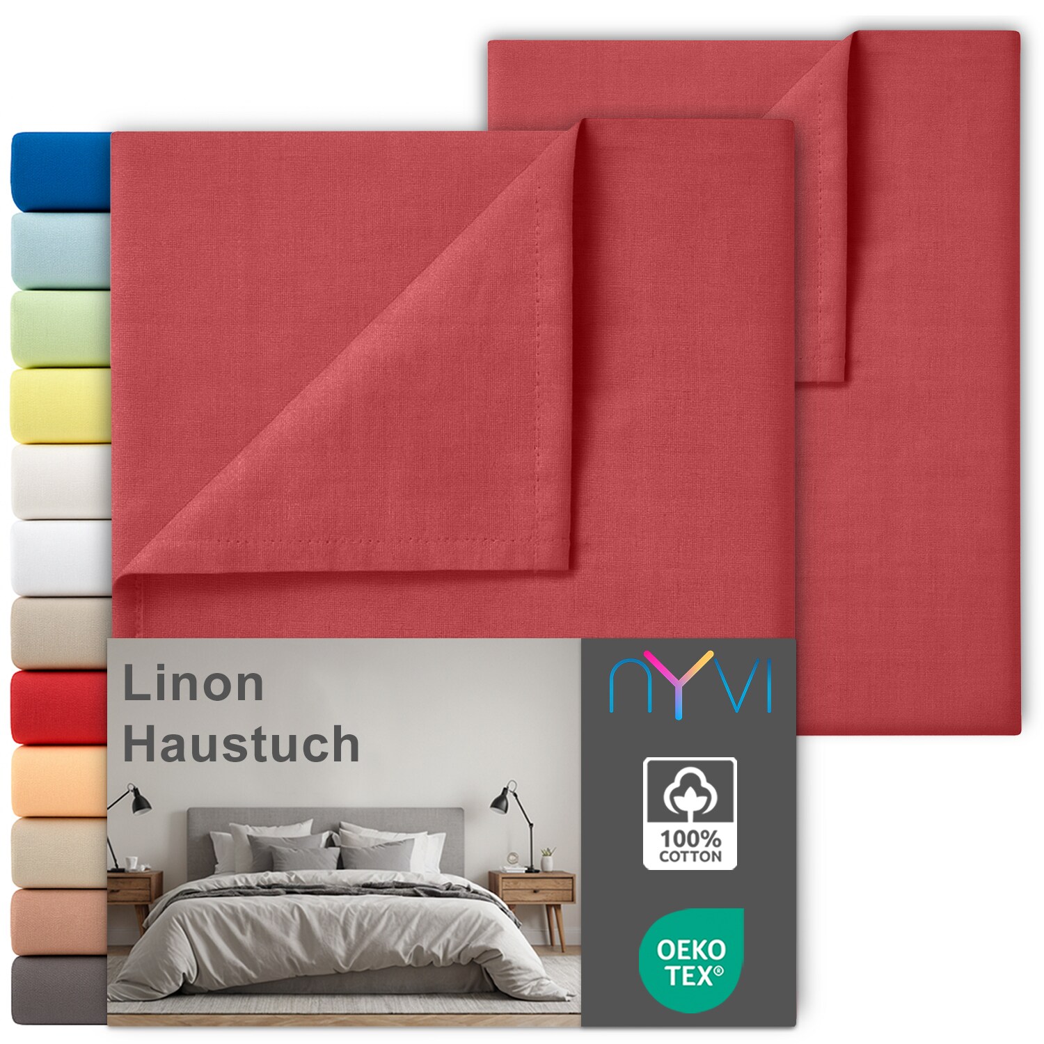 NYVI Linon Deluxe Bettlaken ohne Gummizug aus 100% atmungsaktiver Baumwolle - Betttuch auch als Sommerdecke nutzbar Farbe:Rot;Gr&ouml;&szlig;e:150x250 cm (2er Set) 