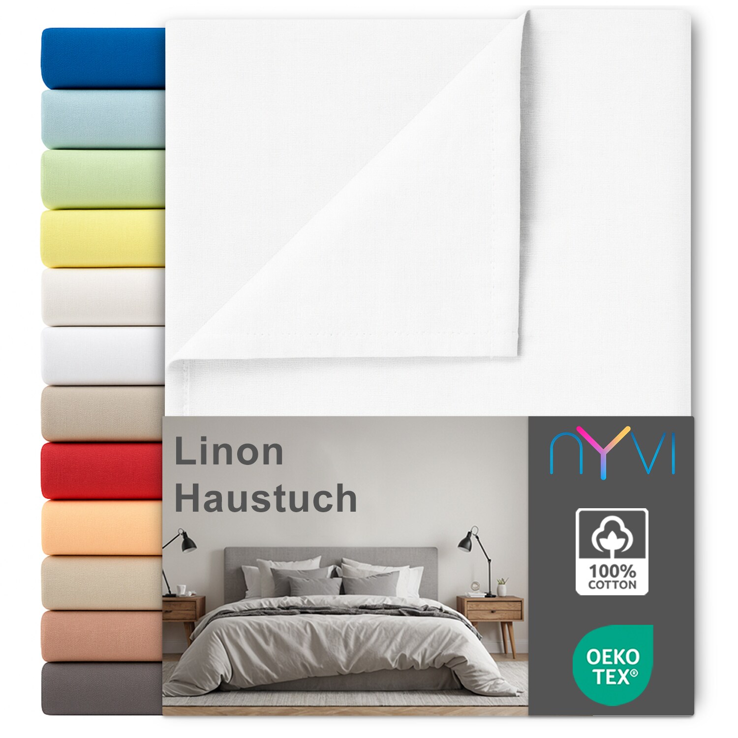 NYVI Linon Deluxe Bettlaken ohne Gummizug aus 100% atmungsaktiver Baumwolle - Betttuch auch als Sommerdecke nutzbar Farbe:Wei&szlig;;Gr&ouml;&szlig;e:150x250 cm 