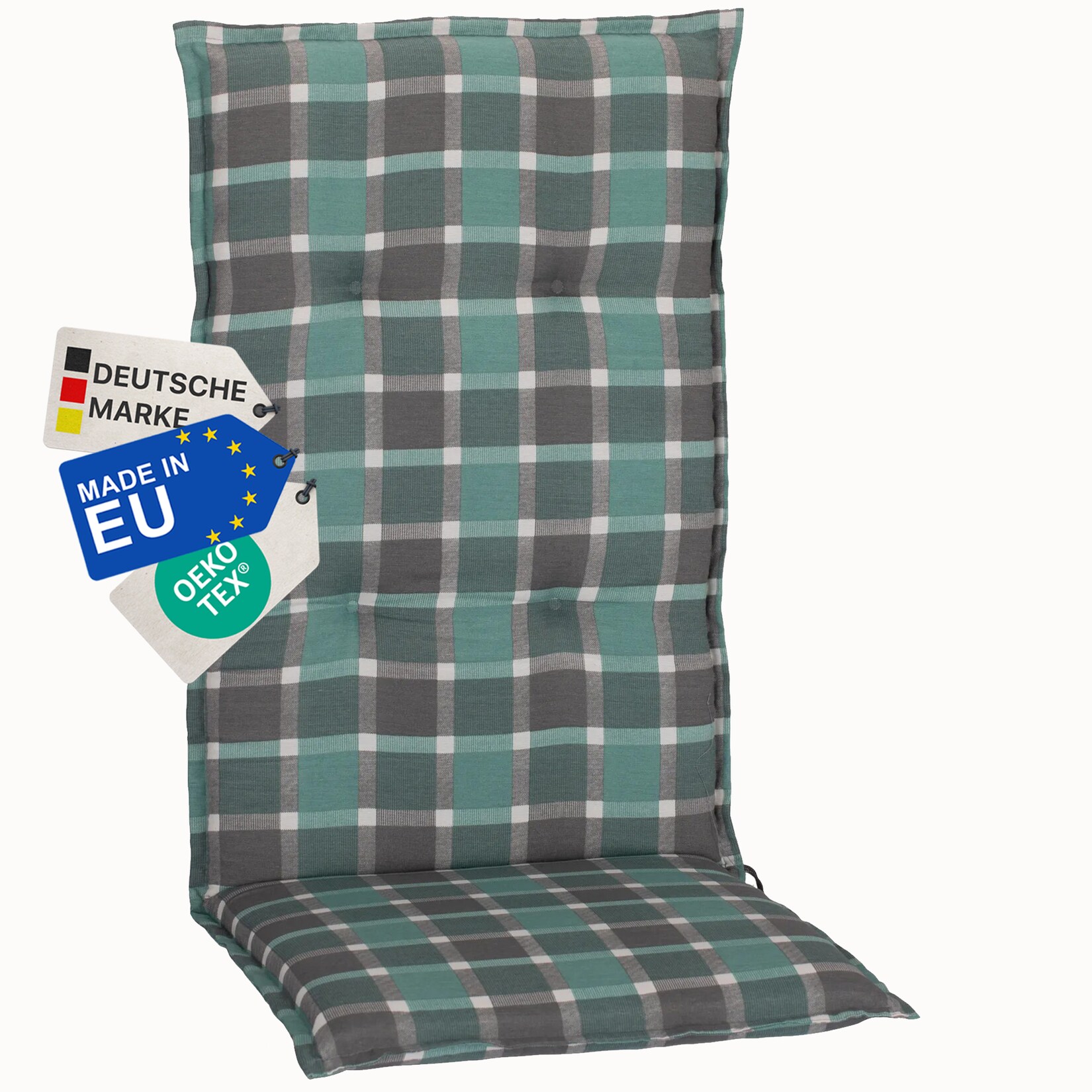 Gartenstuhl-Auflage Barcelona – Hochlehnerauflage für Gartenstühle Anzahl:1x;Dessin:Karo Türkis