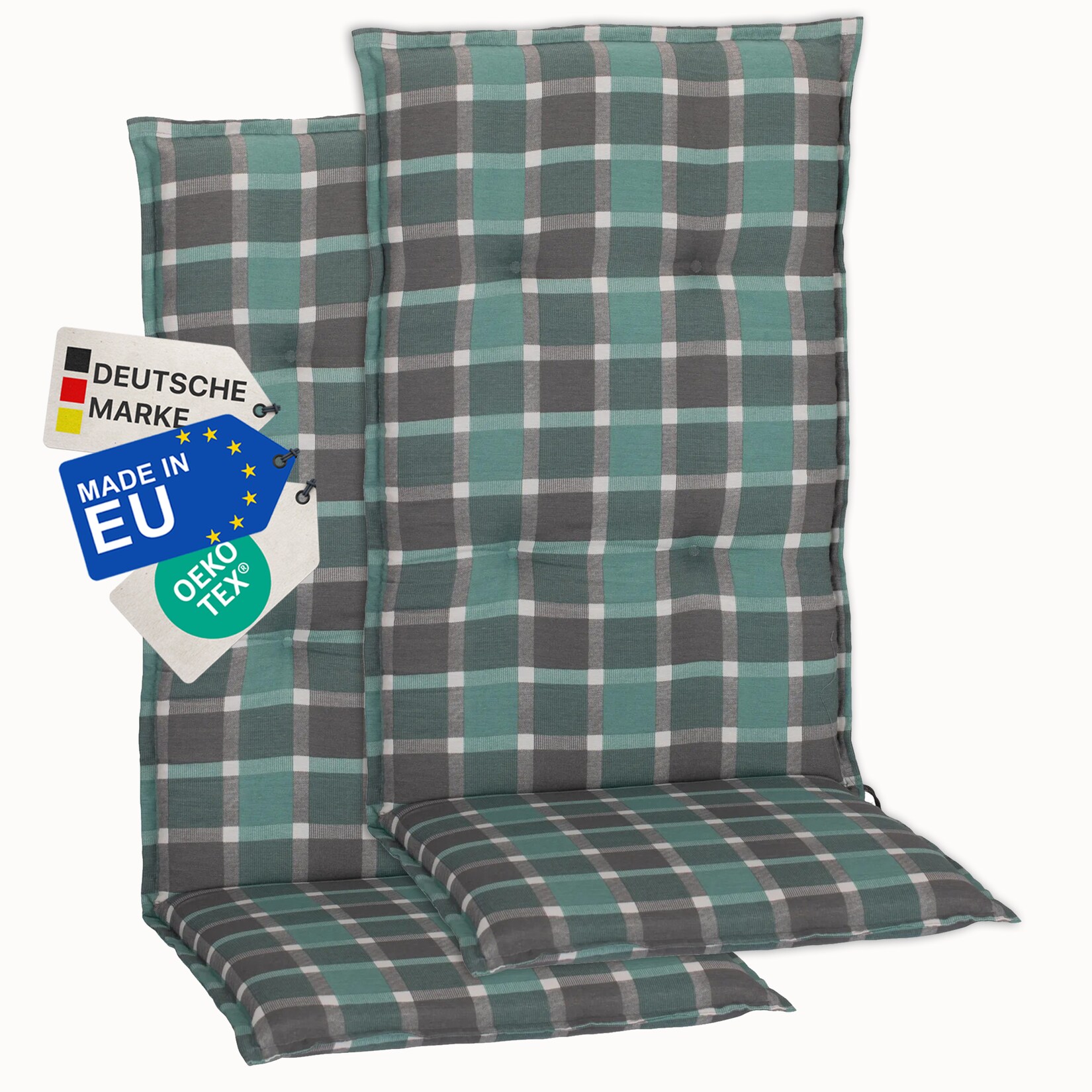 Gartenstuhl-Auflage Barcelona – Hochlehnerauflage für Gartenstühle Anzahl:2er Set;Dessin:Karo Türkis