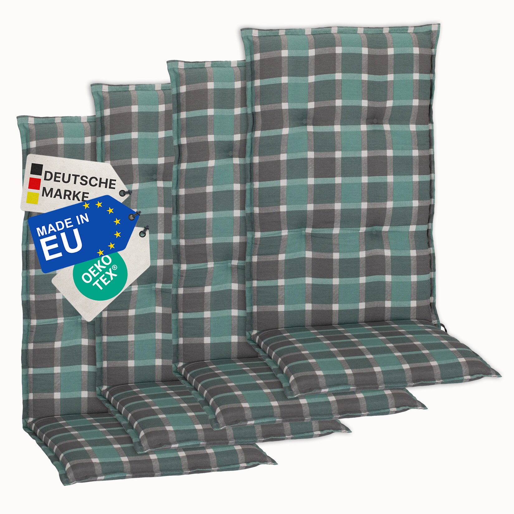 Gartenstuhl-Auflage Barcelona – Hochlehnerauflage für Gartenstühle Anzahl:4er Set;Dessin:Karo Türkis