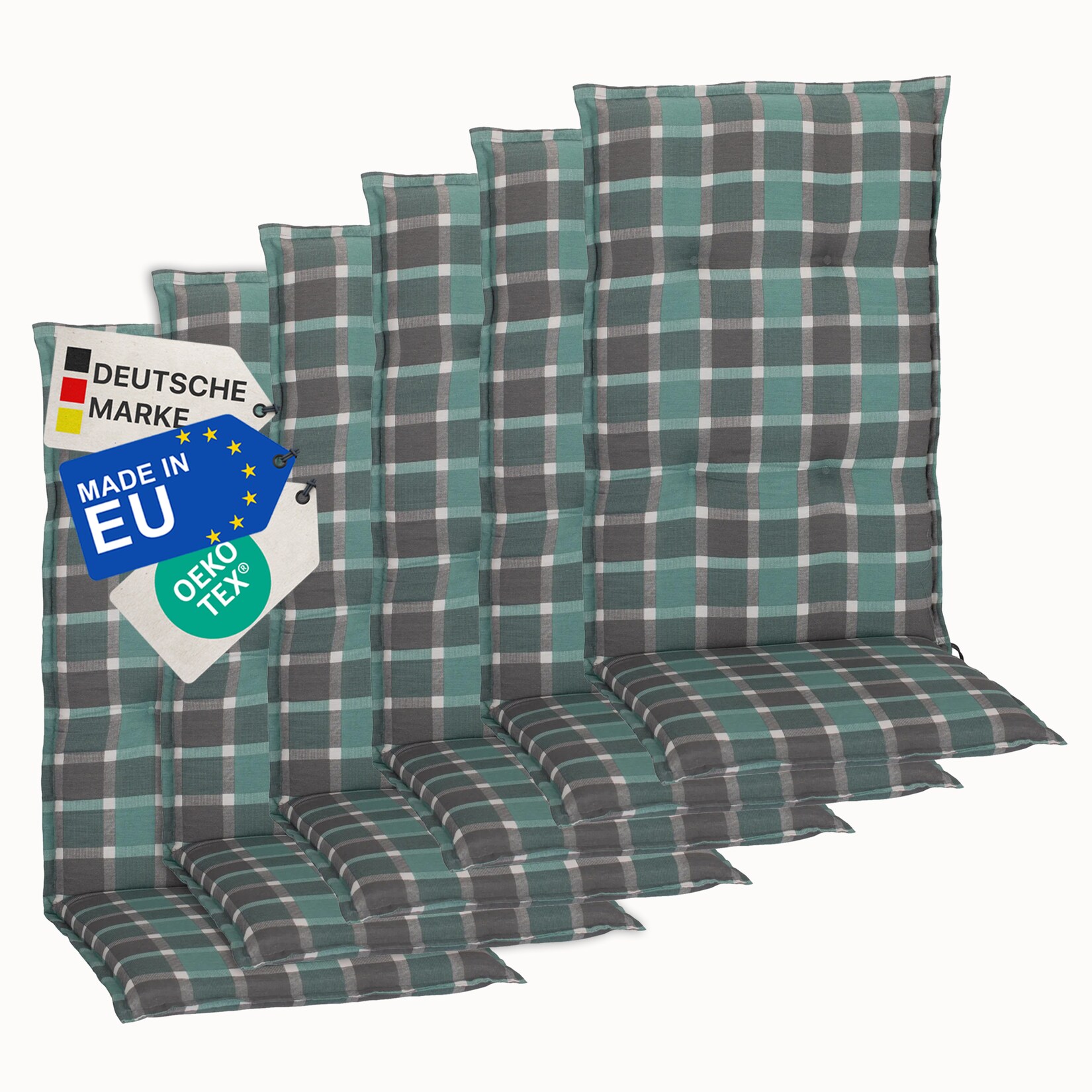 Gartenstuhl-Auflage Barcelona – Hochlehnerauflage für Gartenstühle Anzahl:6er Set;Dessin:Karo Türkis