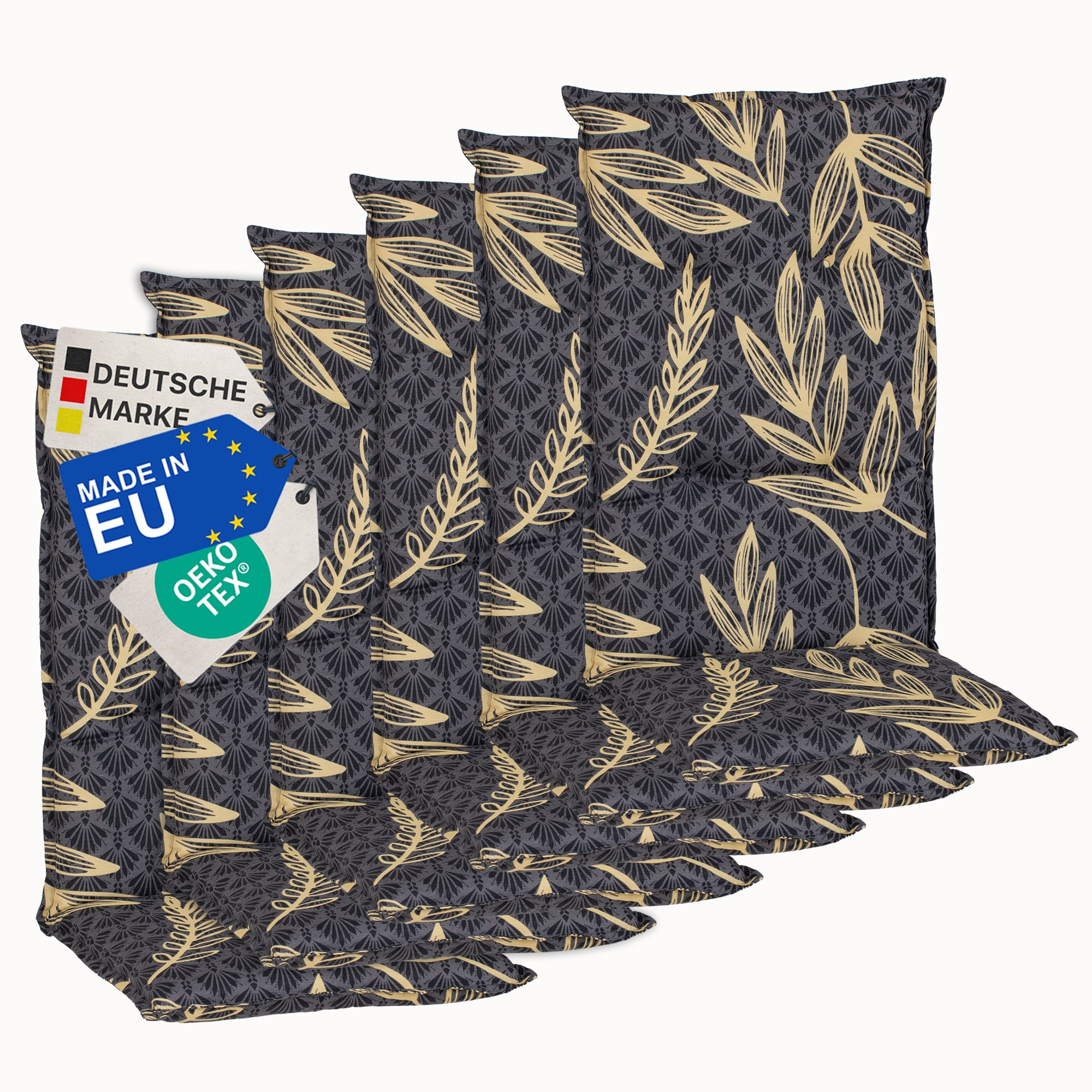 NYVI Gartenstuhl-Auflage Barcelona &ndash; Hochlehnerauflage f&uuml;r Gartenst&uuml;hle Anzahl:6er Set;Dessin:Goldene Bl&auml;tter 