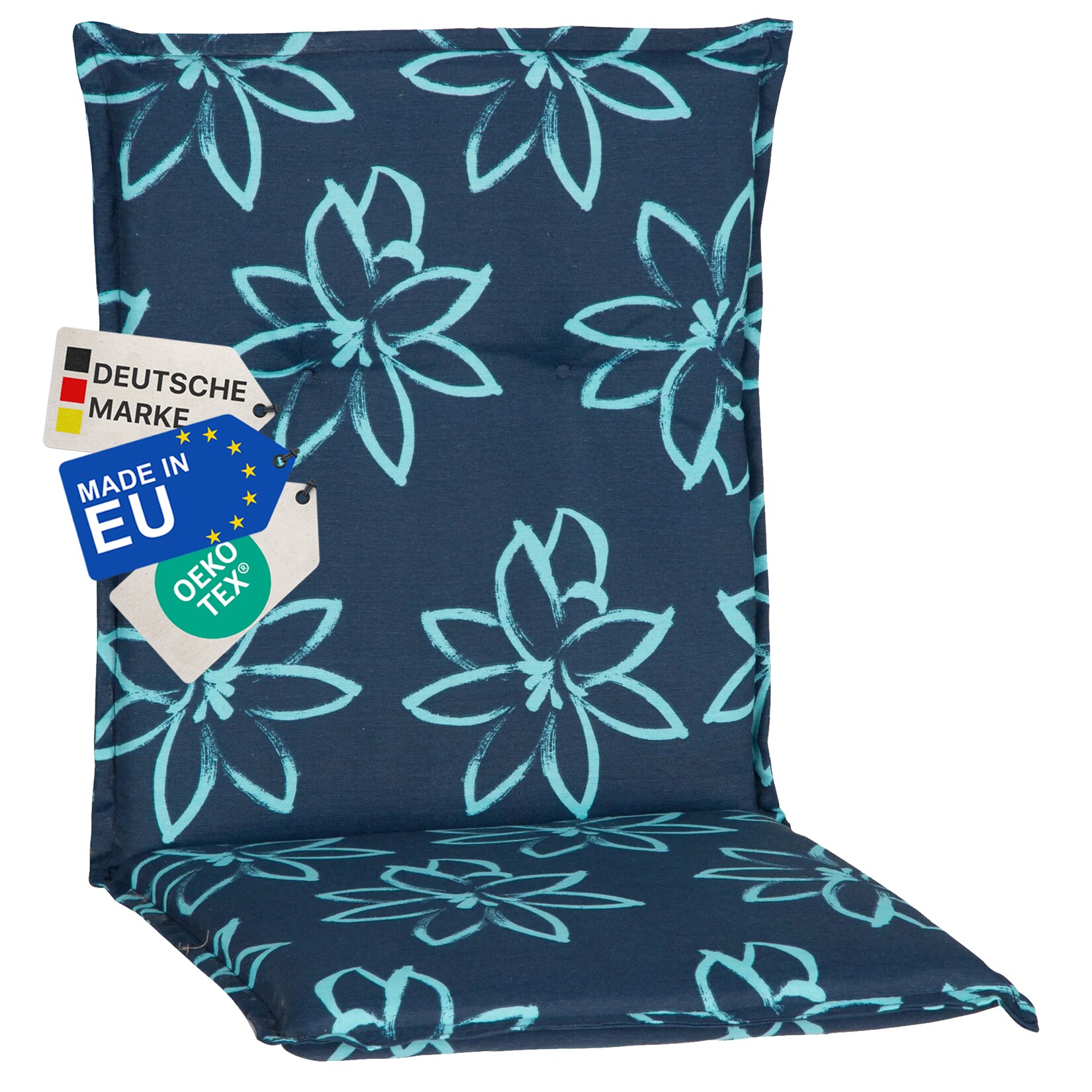 Gartenstuhl-Auflage Barcelona – Niedriglehnerauflage für Gartenstühle Anzahl:1x;Dessin:Blume Hellblau