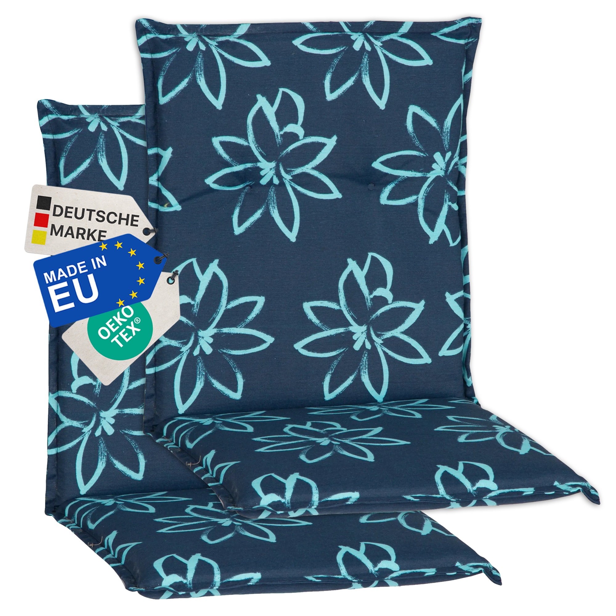 NYVI Gartenstuhl-Auflage Barcelona &ndash; Niedriglehnerauflage f&uuml;r Gartenst&uuml;hle Anzahl:2er Set;Dessin:Blume Hellblau 