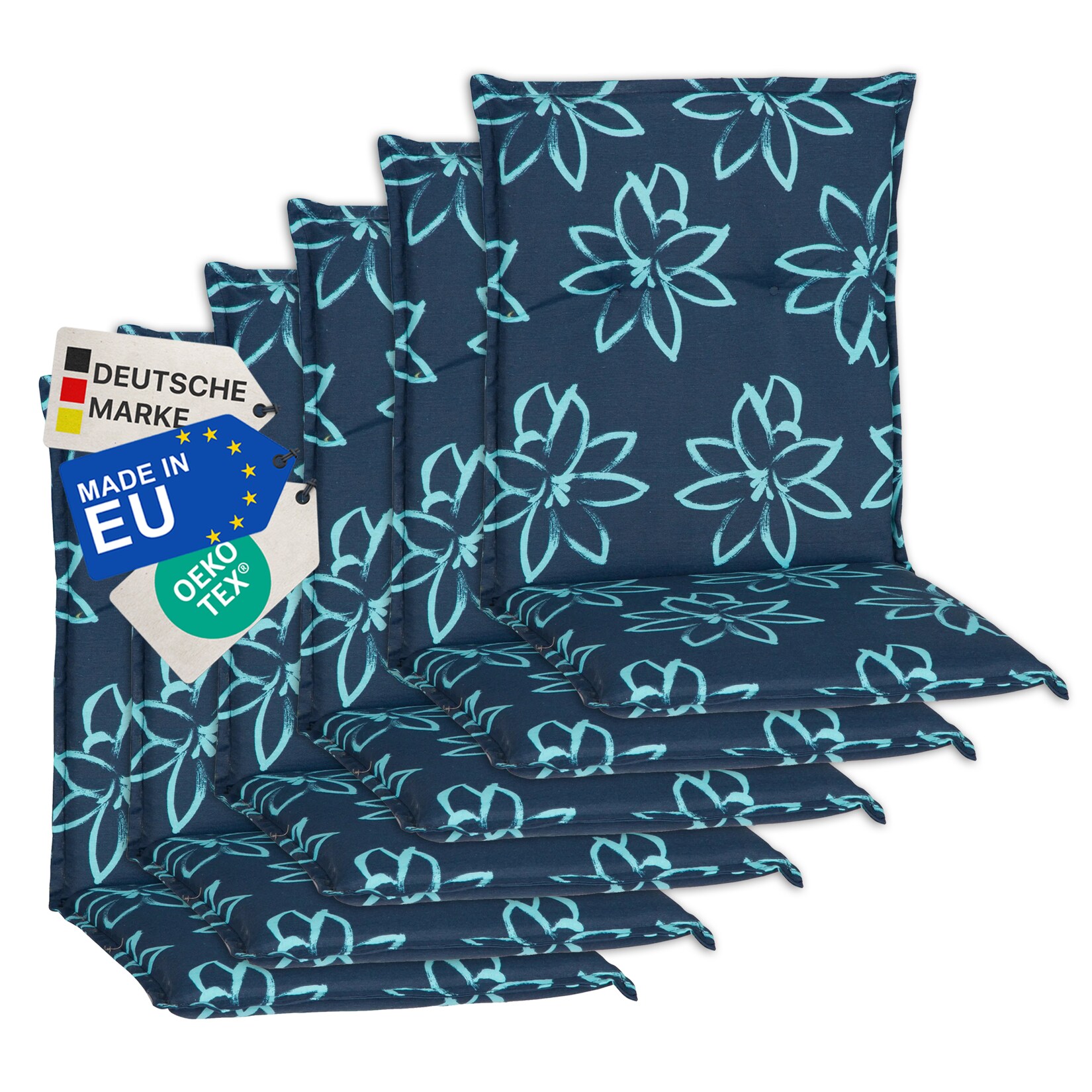 Gartenstuhl-Auflage Barcelona – Niedriglehnerauflage für Gartenstühle Anzahl:6er Set;Dessin:Blume Hellblau