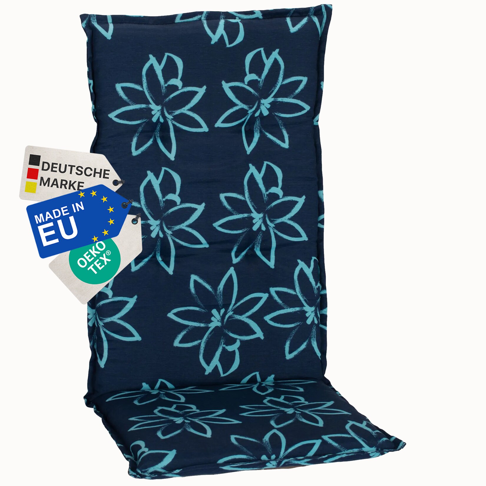 Gartenstuhl-Auflage Barcelona – Hochlehnerauflage für Gartenstühle Anzahl:1x;Dessin:Blume Hellblau