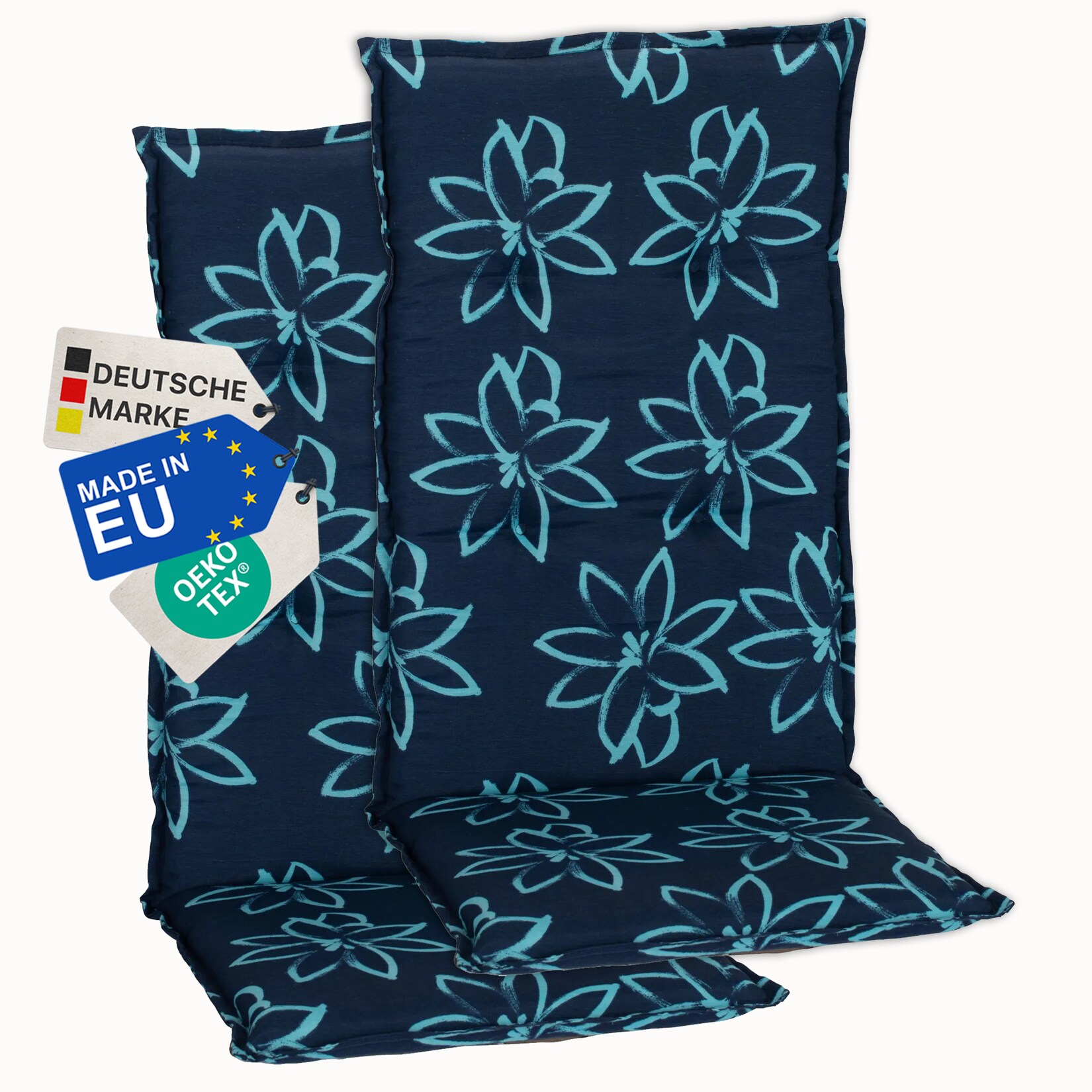 Gartenstuhl-Auflage Barcelona – Hochlehnerauflage für Gartenstühle Anzahl:2er Set;Dessin:Blume Hellblau