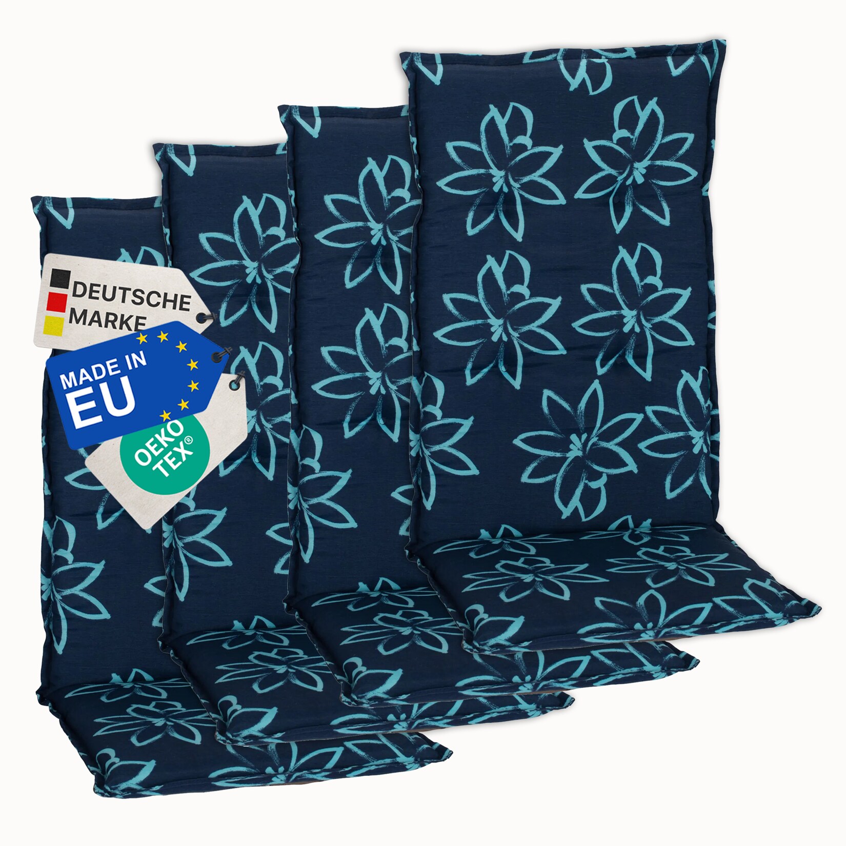 Gartenstuhl-Auflage Barcelona – Hochlehnerauflage für Gartenstühle Anzahl:4er Set;Dessin:Blume Hellblau