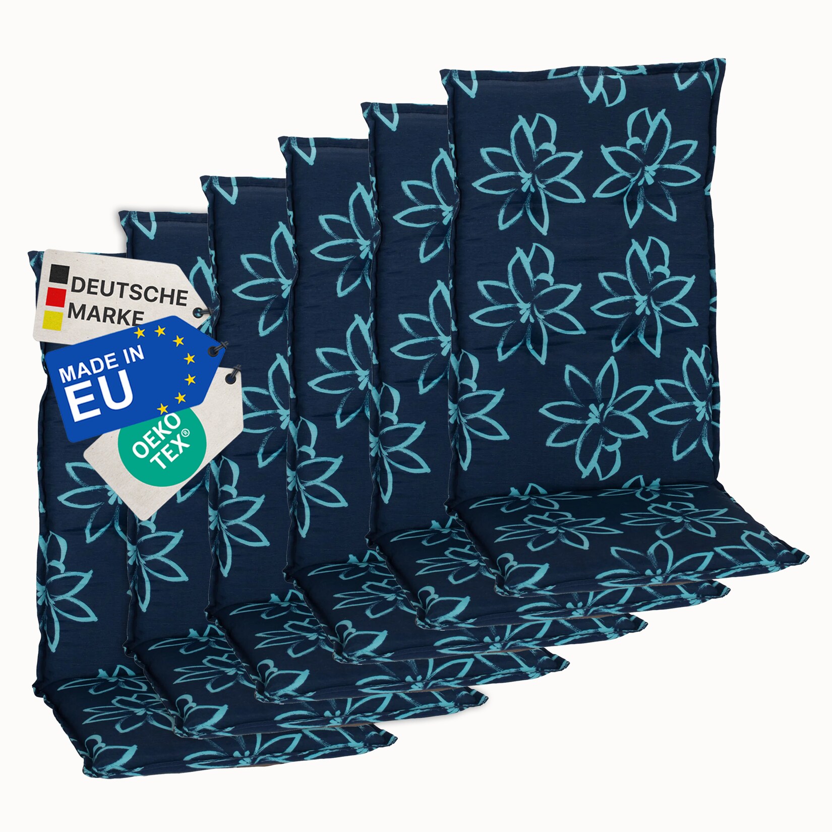Gartenstuhl-Auflage Barcelona – Hochlehnerauflage für Gartenstühle Anzahl:6er Set;Dessin:Blume Hellblau