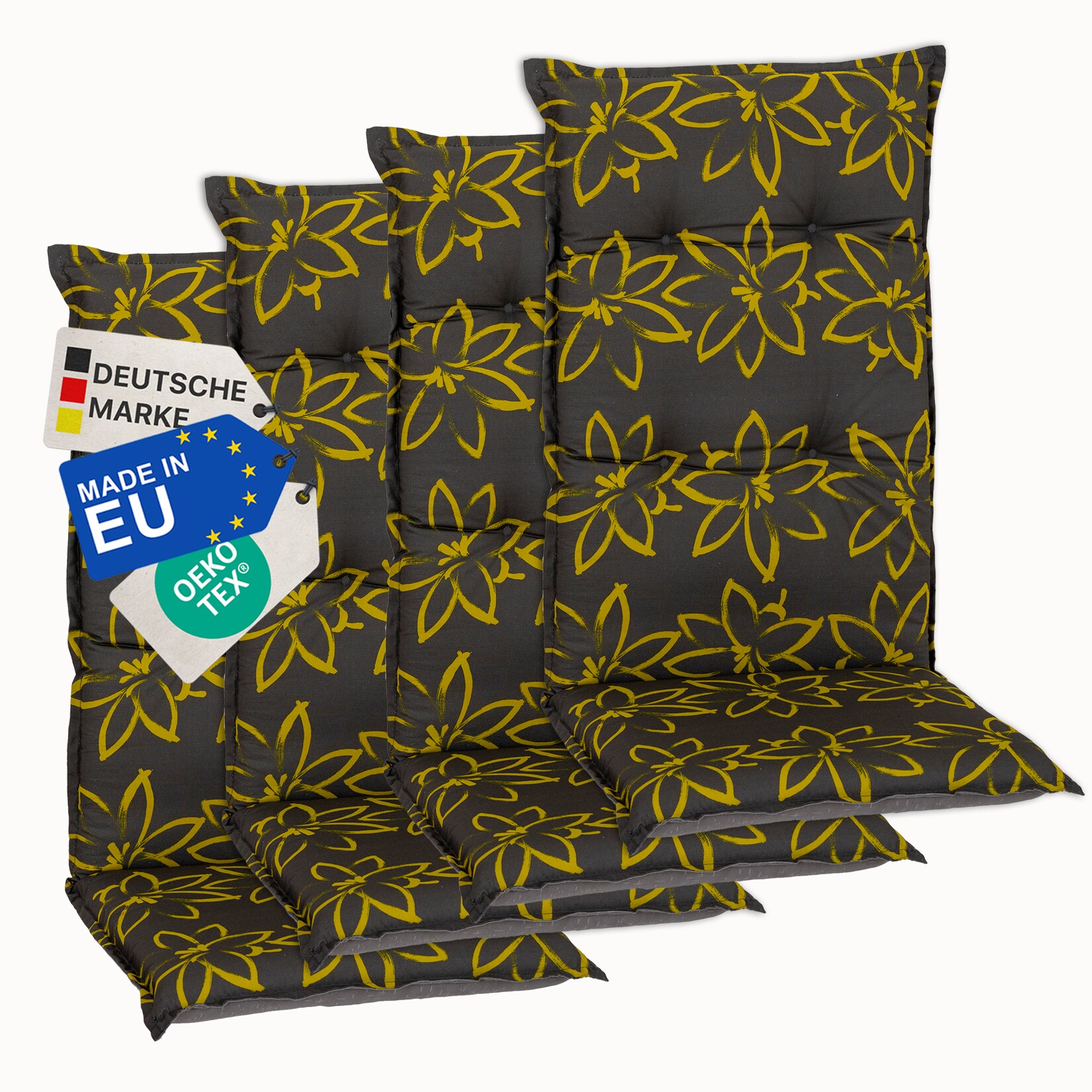 Gartenstuhl-Auflage Barcelona – Hochlehnerauflage für Gartenstühle Anzahl:4er Set;Dessin:Gelbe Blume