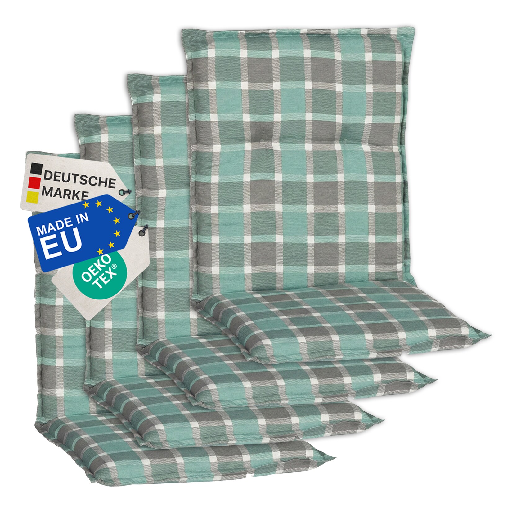 Gartenstuhl-Auflage Barcelona – Niedriglehnerauflage für Gartenstühle Anzahl:4er Set;Dessin:Karo Türkis
