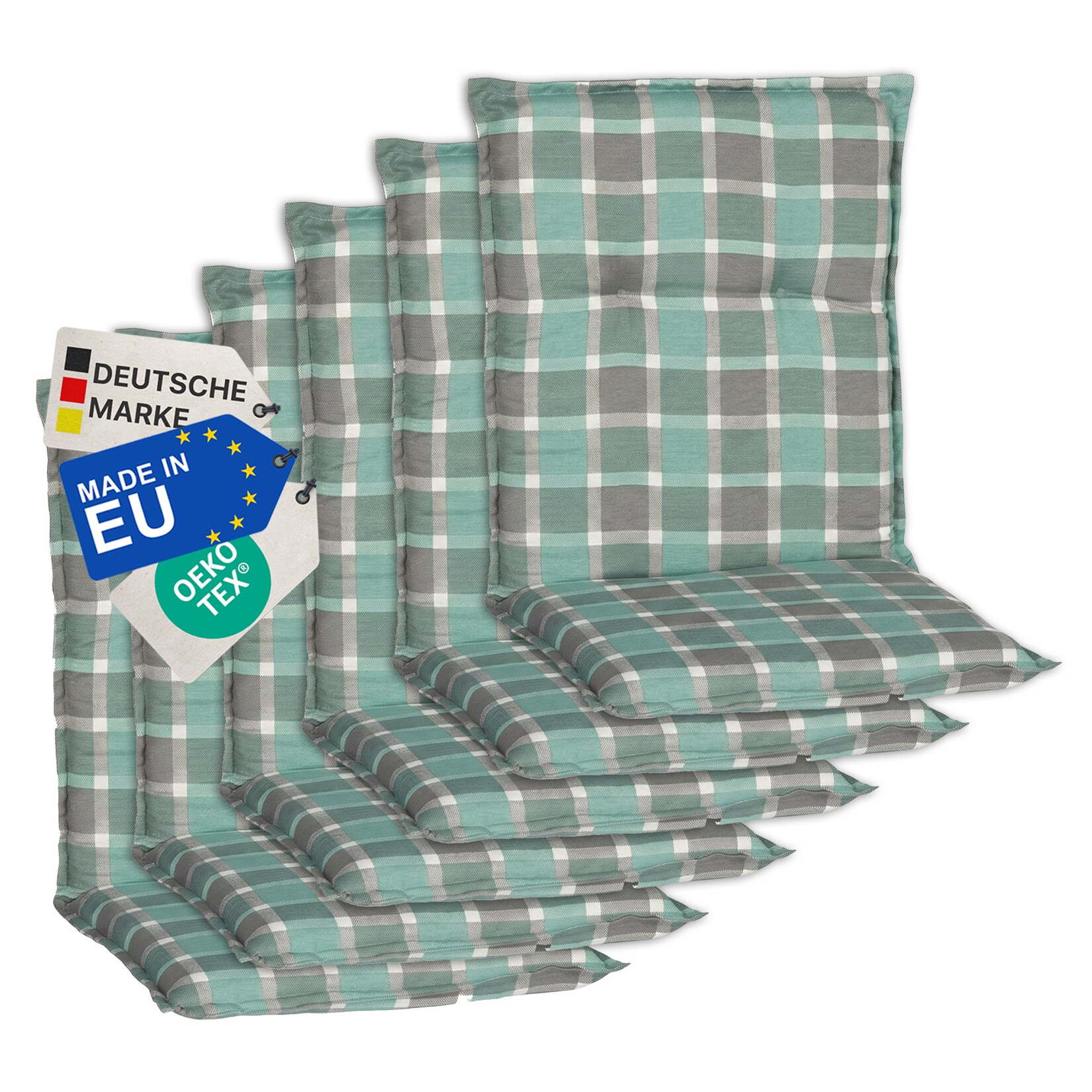Gartenstuhl-Auflage Barcelona – Niedriglehnerauflage für Gartenstühle Anzahl:6er Set;Dessin:Karo Türkis