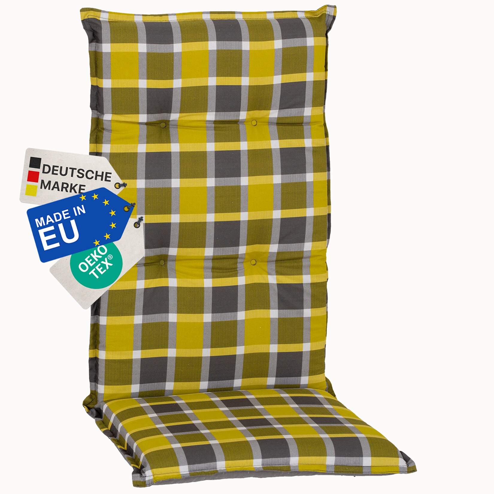 Gartenstuhl-Auflage Barcelona – Hochlehnerauflage für Gartenstühle Anzahl:1x;Dessin:Karo Gelb Grau