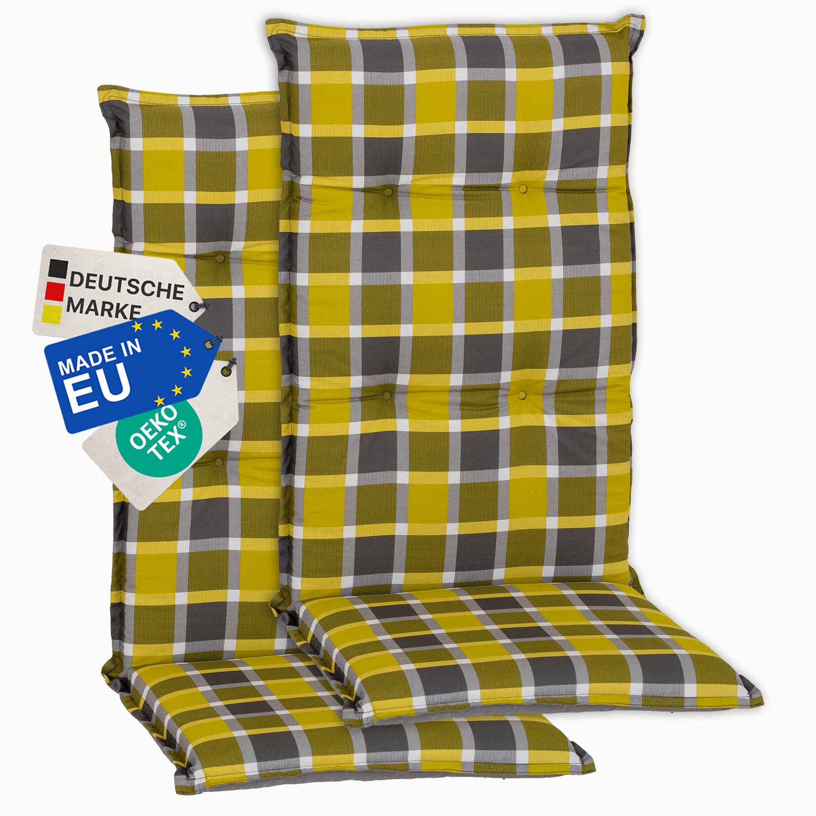 Gartenstuhl-Auflage Barcelona – Hochlehnerauflage für Gartenstühle Anzahl:2er Set;Dessin:Karo Gelb Grau