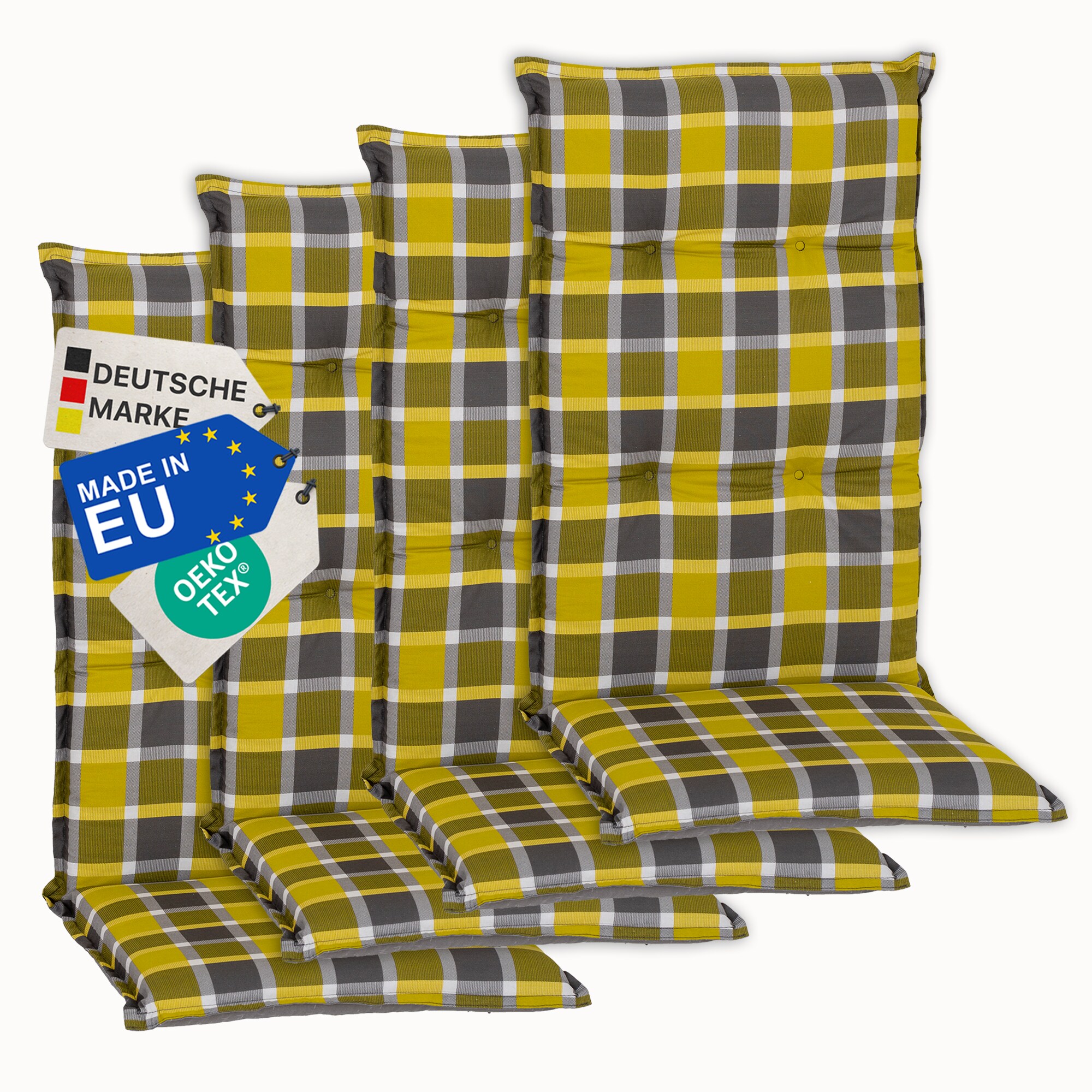 NYVI Gartenstuhl-Auflage Barcelona &ndash; Hochlehnerauflage f&uuml;r Gartenst&uuml;hle Anzahl:4er Set;Dessin:Karo Gelb Grau 
