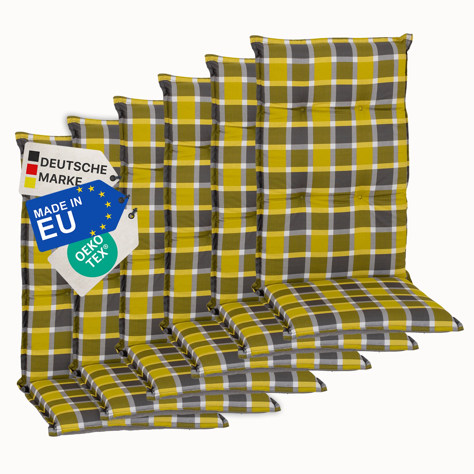 Gartenstuhl-Auflage Barcelona – Hochlehnerauflage für Gartenstühle Anzahl:6er Set;Dessin:Karo Gelb Grau