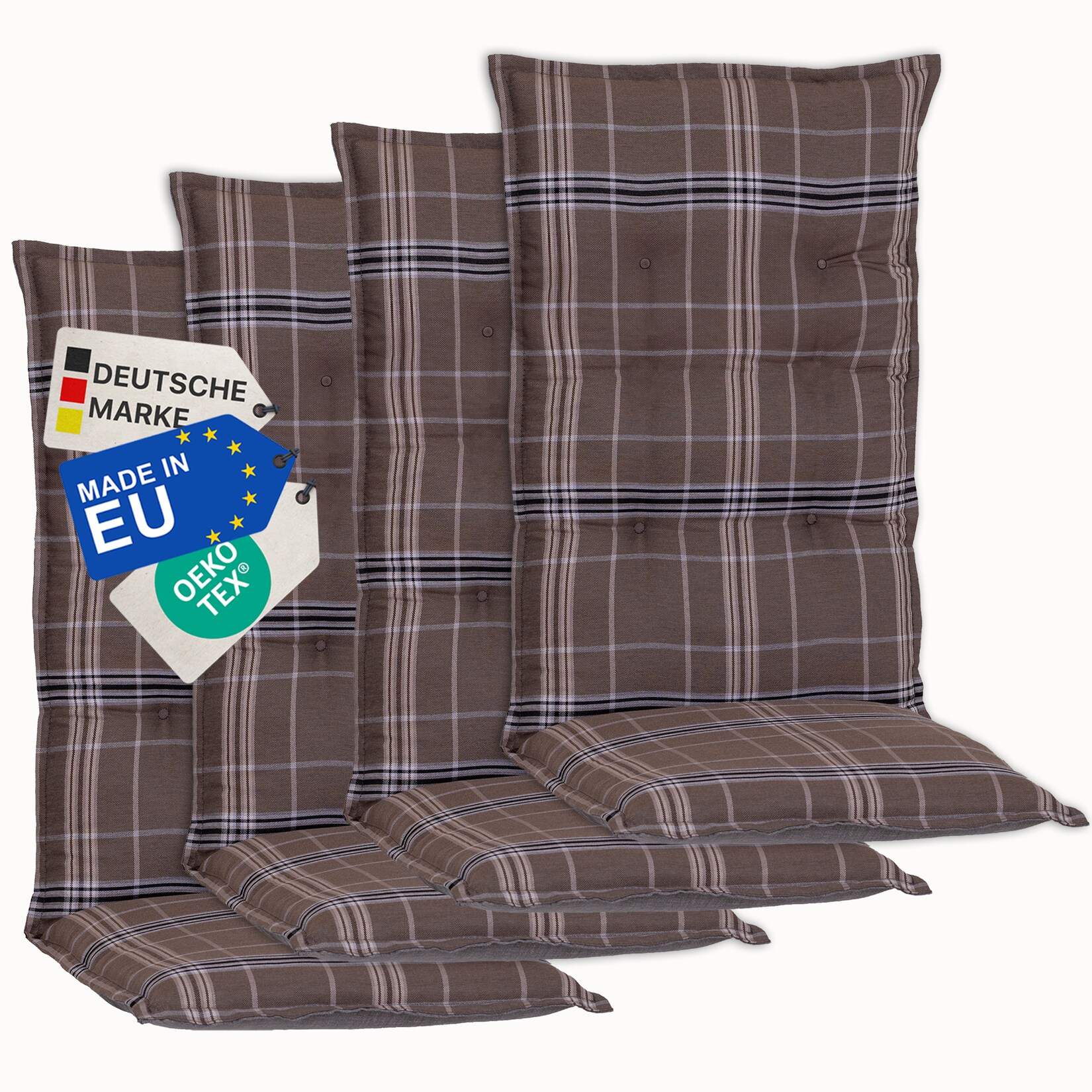 Gartenstuhl-Auflage Barcelona – Hochlehnerauflage für Gartenstühle Anzahl:4er Set;Dessin:Karo Braun