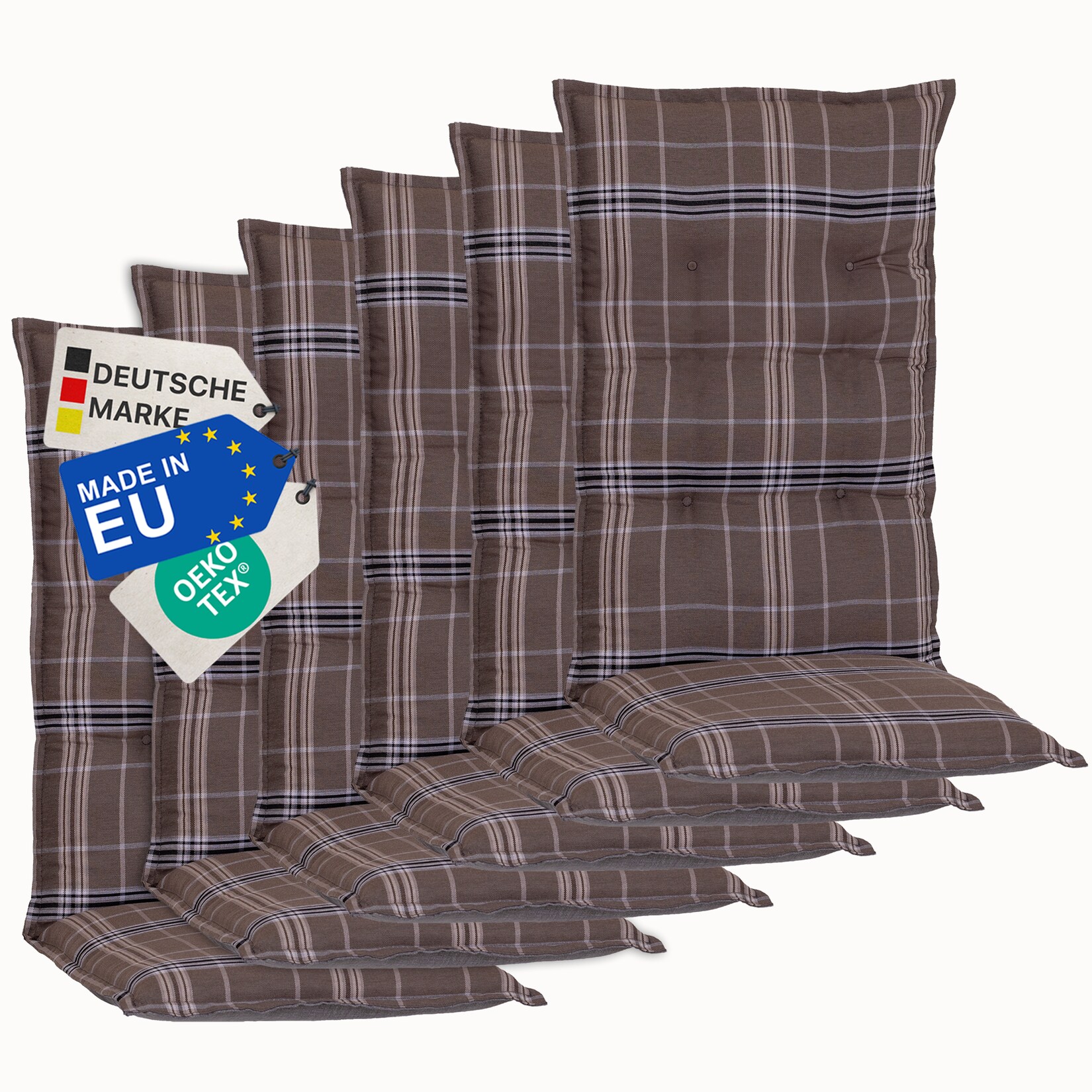 Gartenstuhl-Auflage Barcelona – Hochlehnerauflage für Gartenstühle Anzahl:6er Set;Dessin:Karo Braun