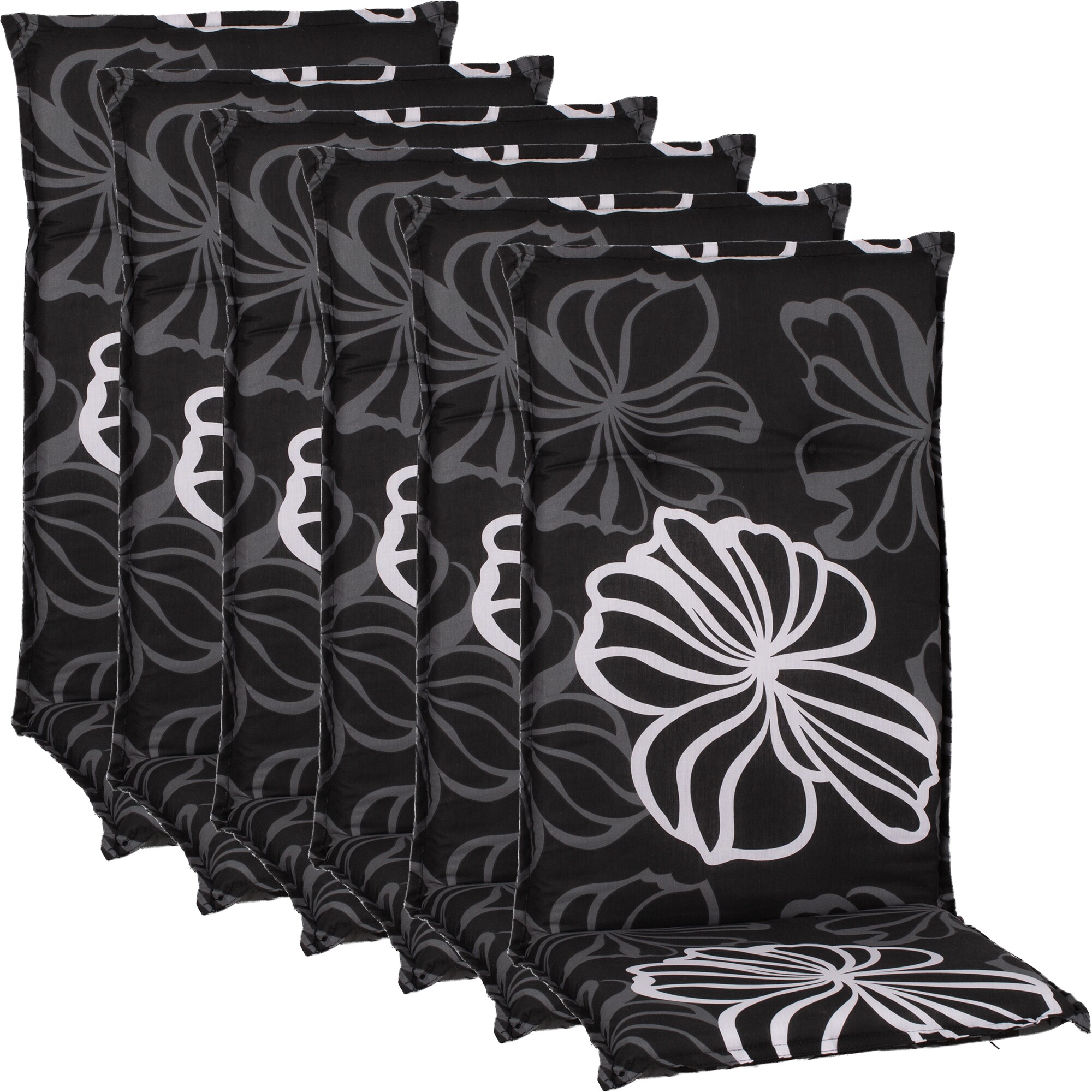 NYVI Gartenstuhl-Auflage Barcelona &ndash; Hochlehnerauflage f&uuml;r Gartenst&uuml;hle Dessin:Black Flower;Anzahl:6er Set 