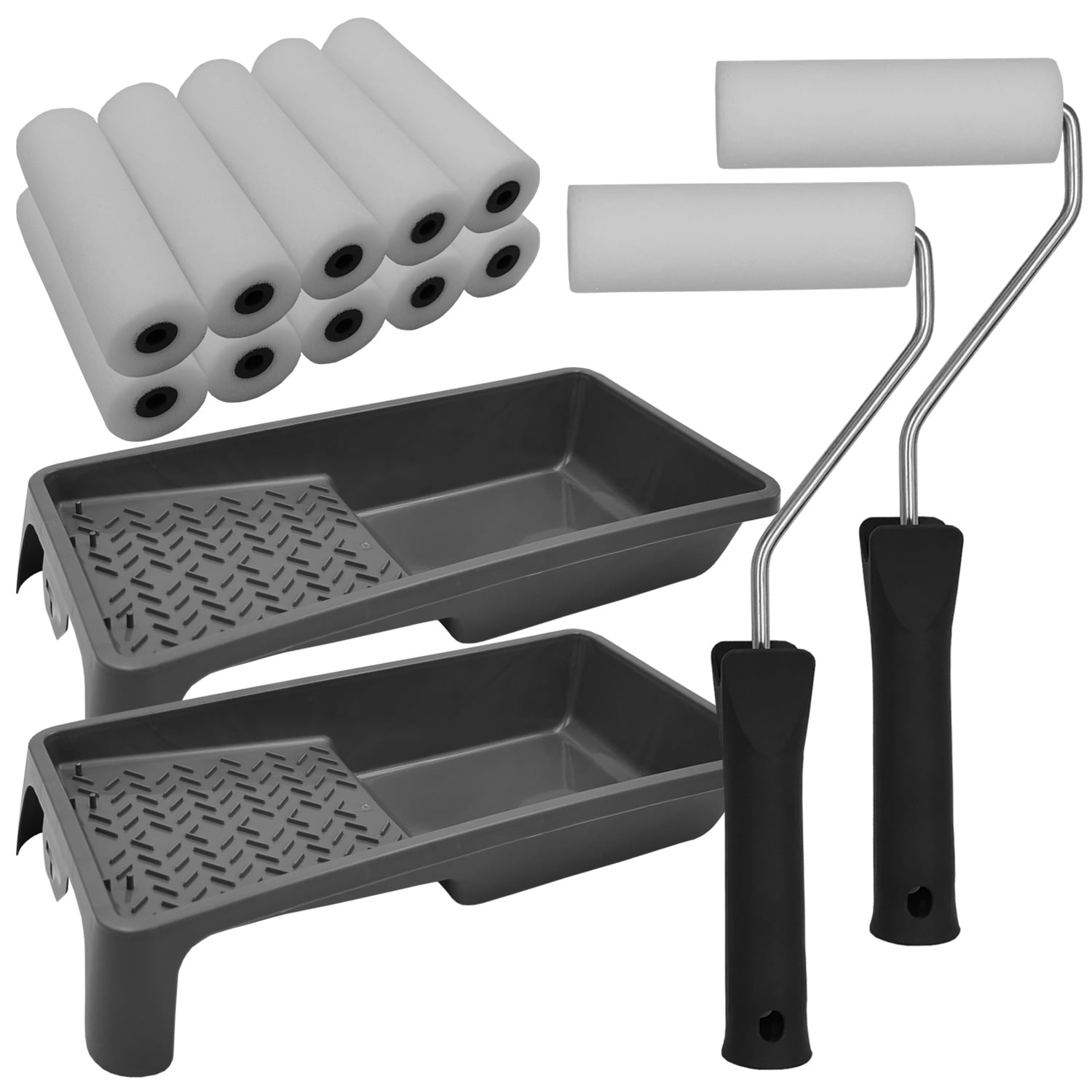 NYVI Lackier Set Essential: 2x Farbroller B&uuml;gel 2 x Farbwanne 10x Schaumwalzen 