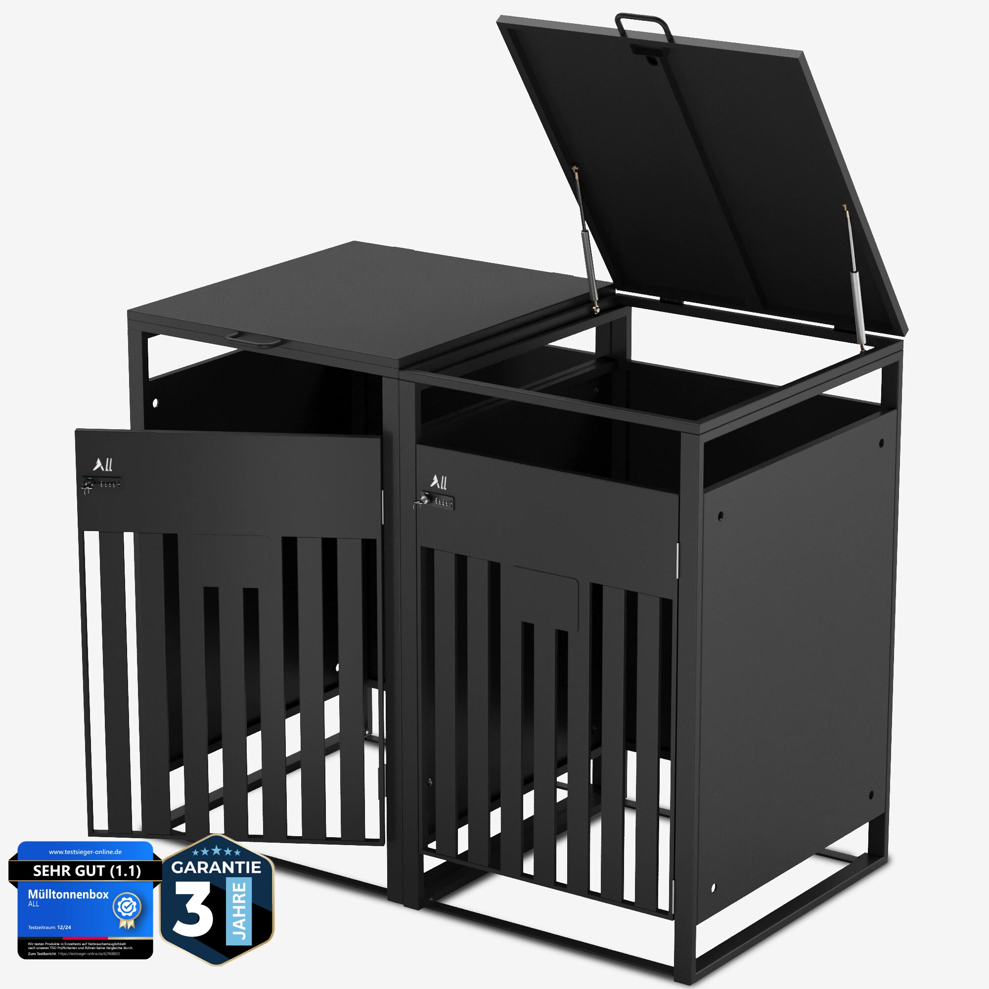 ALL Premium M&uuml;lltonnenbox 2er &ndash; Abschlie&szlig;bar & wetterfest, f&uuml;r Garten, Hof & Stra&szlig;e, beliebig erweiterbar, legierter Stahl robust & langlebig 