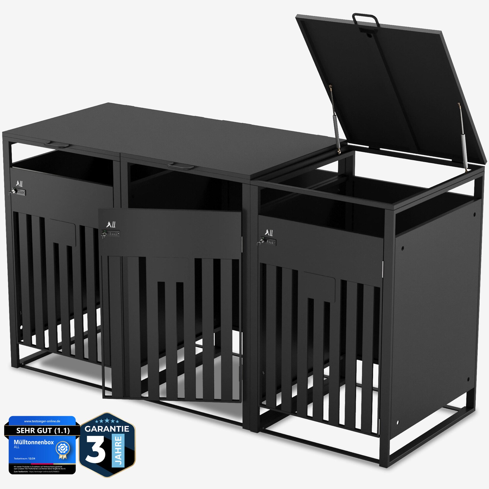 ALL Premium Mülltonnenbox 3er – Abschließbar & wetterfest, für Garten, Hof & Straße, beliebig erweiterbar, legierter Stahl robust & langlebig