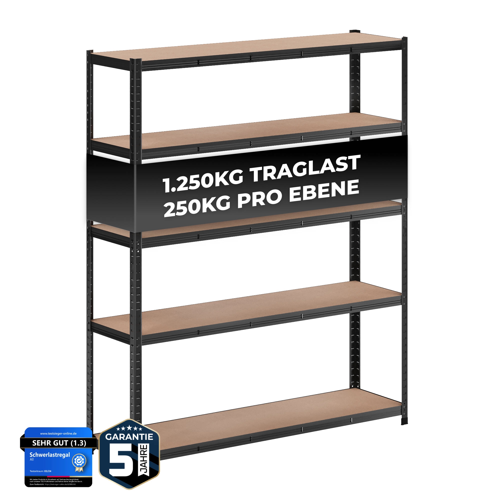 ALL Premium Schwerlastregal 180x150x40cm Schwarz &ndash; Bis 1250 kg belastbar, h&ouml;henverstellbar, Stecksystem, ideal f&uuml;r Lager, Garage & Keller 