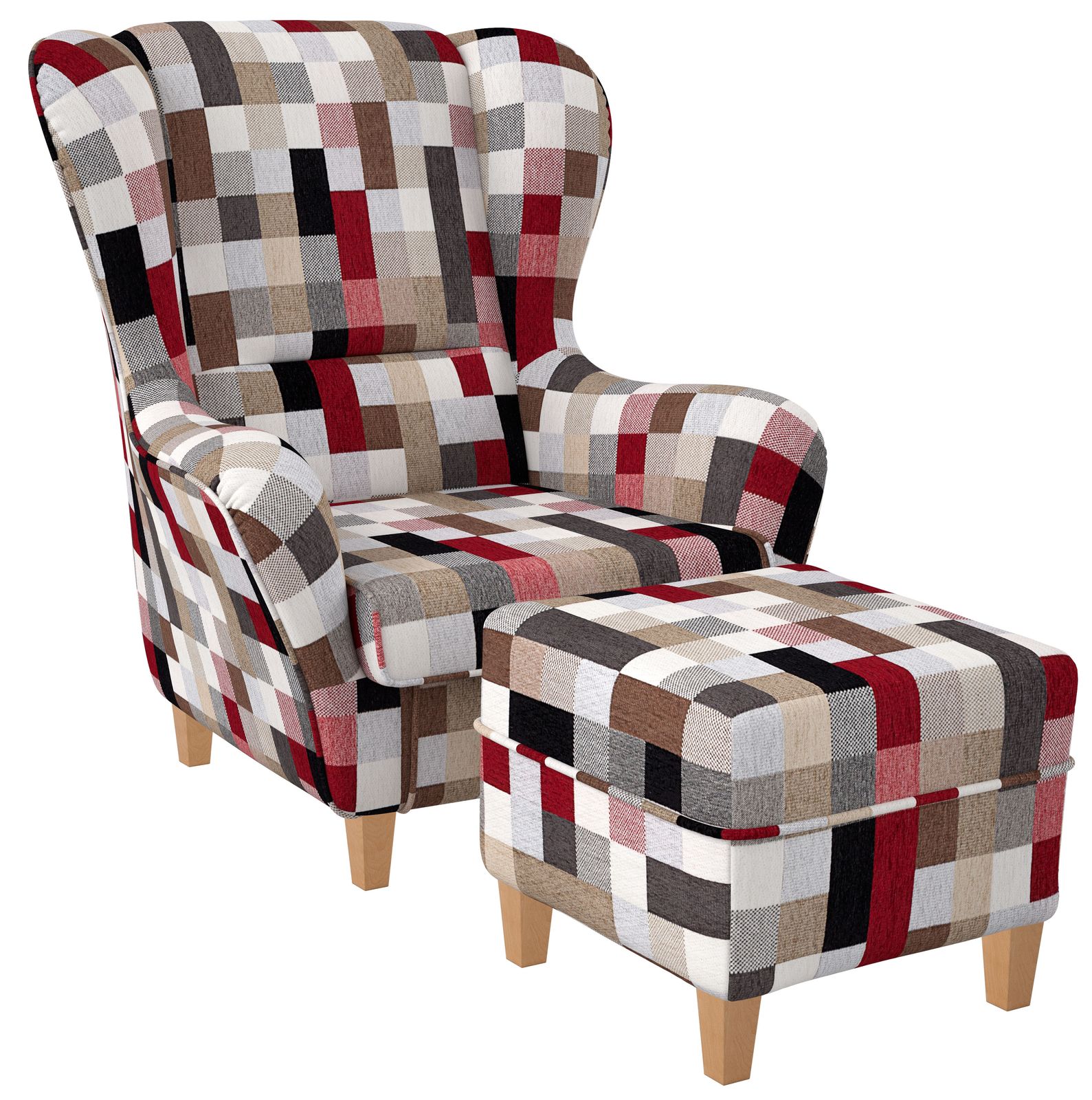 Supellex Sofia Ohrensessel mit Hocker | Design Patchwork kariert bunt gedeckt 