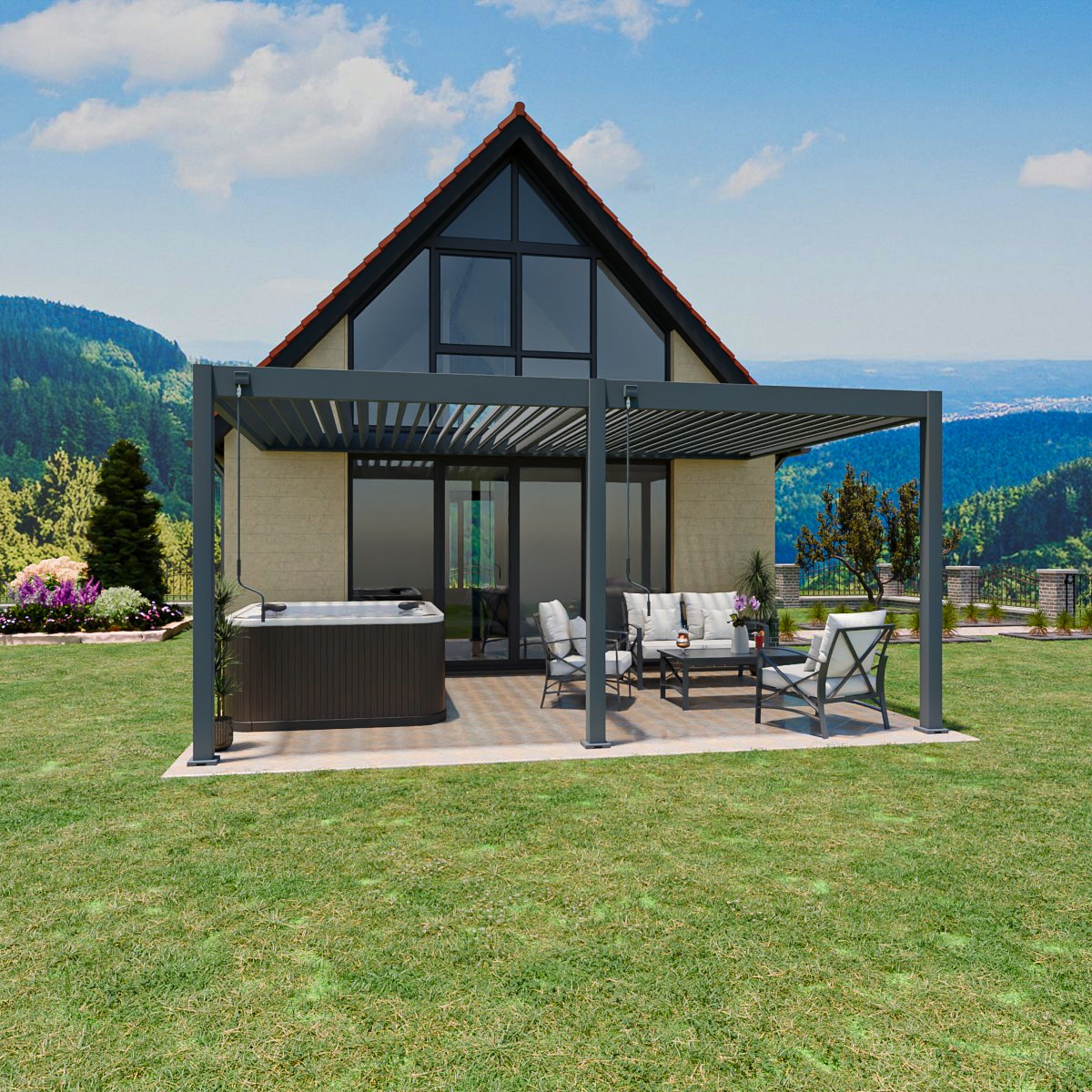 Weide Deluxe | Wand Pergola | Voll Aluminium | 3,6 x 5,3 M | Lamellendach anthrazit? 