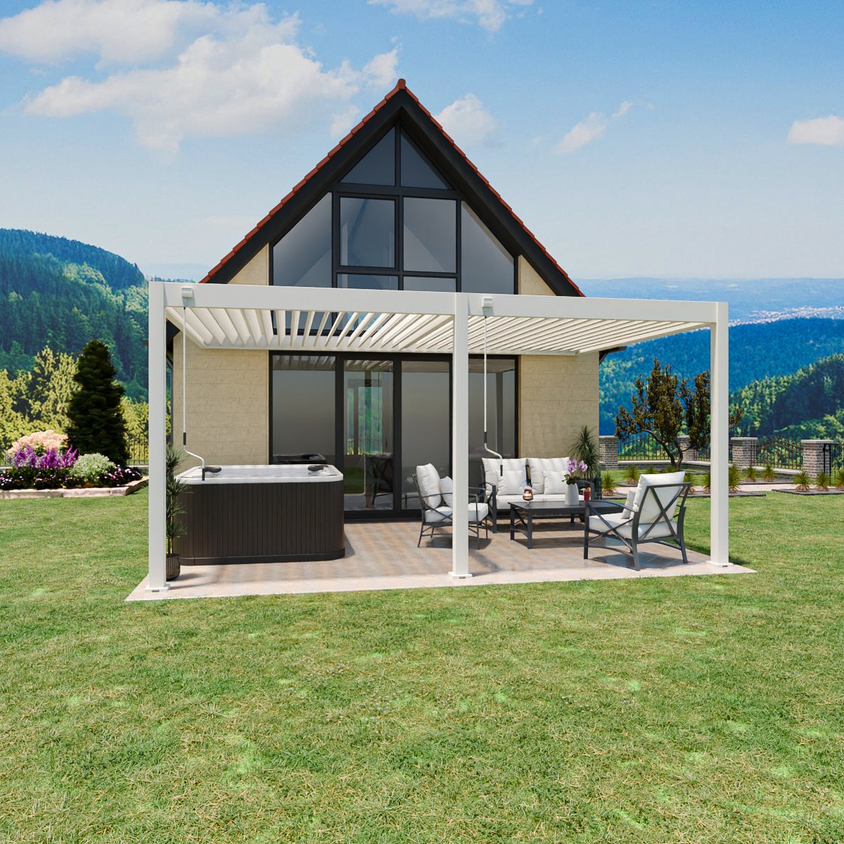 Weide Deluxe | Wand Pergola | Voll Aluminium | 3,6 x 5,3 M | Lamellendach wei&szlig;? 
